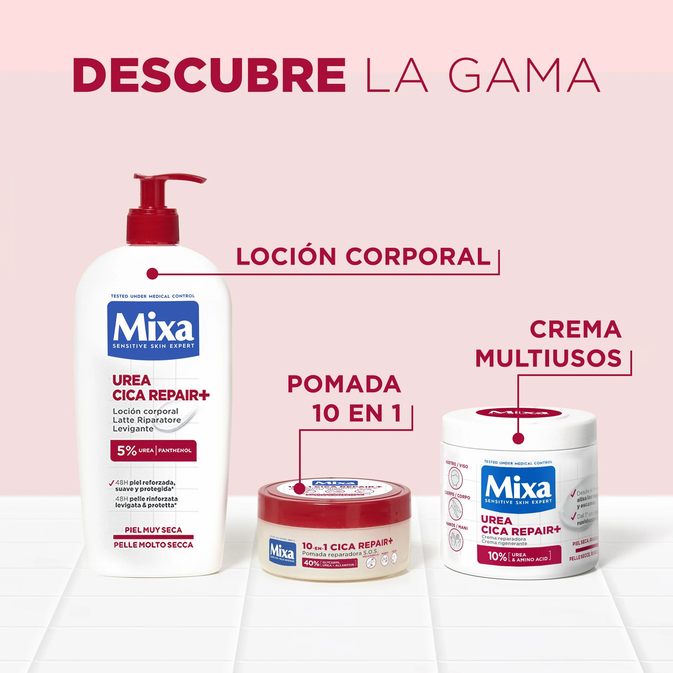 Mixa Cica Repair+ 10 w 1 Maść naprawcza S.O.S. Patentowana formuła 40% [gliceryna + mocznik + alantoina] Nadaje się do skóry suchej i pękniętej. Do stóp, kolan, dłoni i łokci. 150 ml