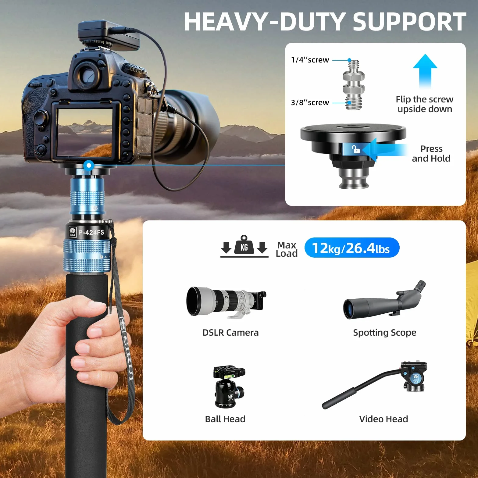 SIRUI P-424FS Monopod aparatu fotograficznego, monopod z włókna węglowego 168 cm ze zdejmowaną podstawą statywu, monopod podróżny z głowicą płynu VA-5 do lustrzanki cyfrowej, kamery wideo, maksymalne