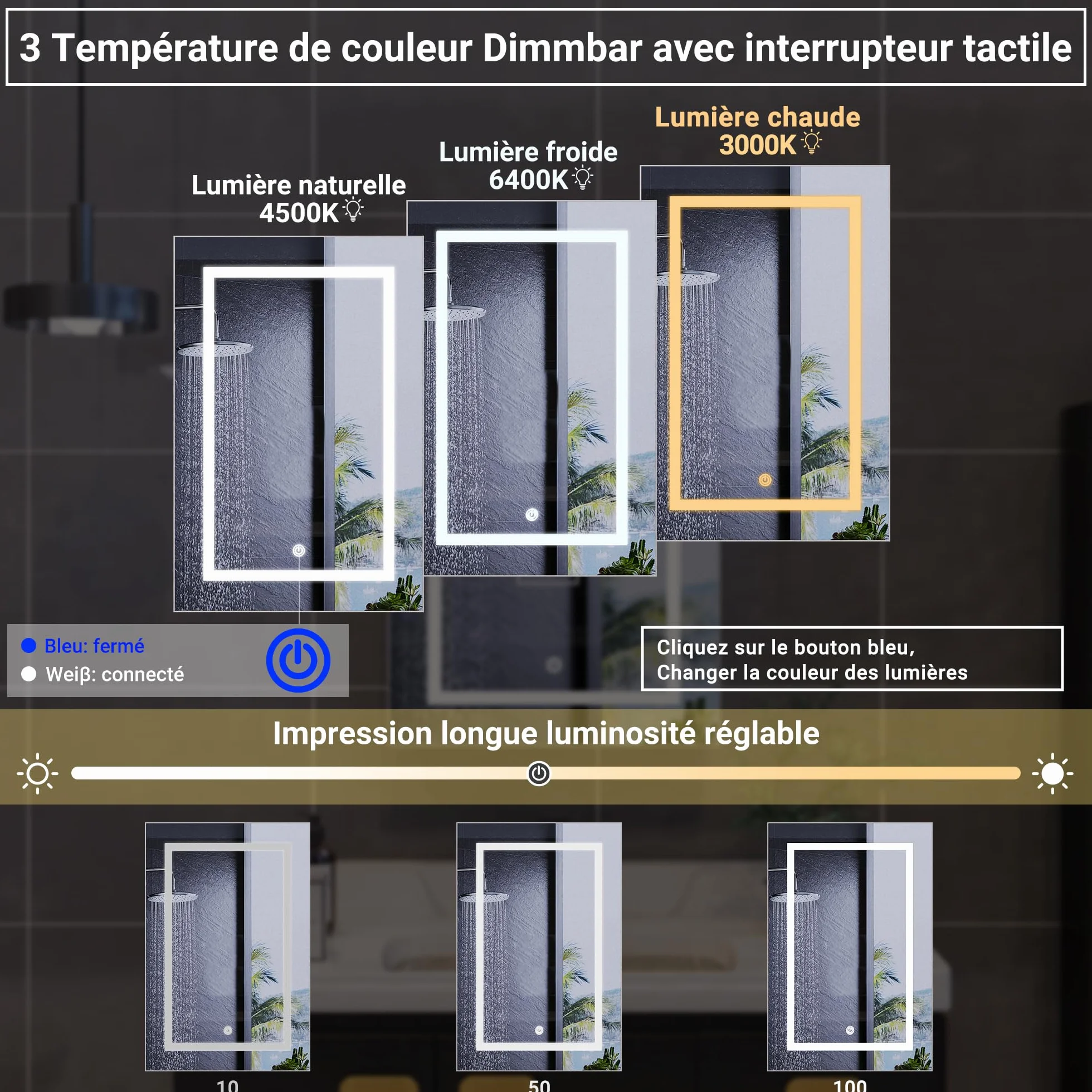 Szafka łazienkowa z lustrem LED 50x70 cm sterowanie dotykowe biała