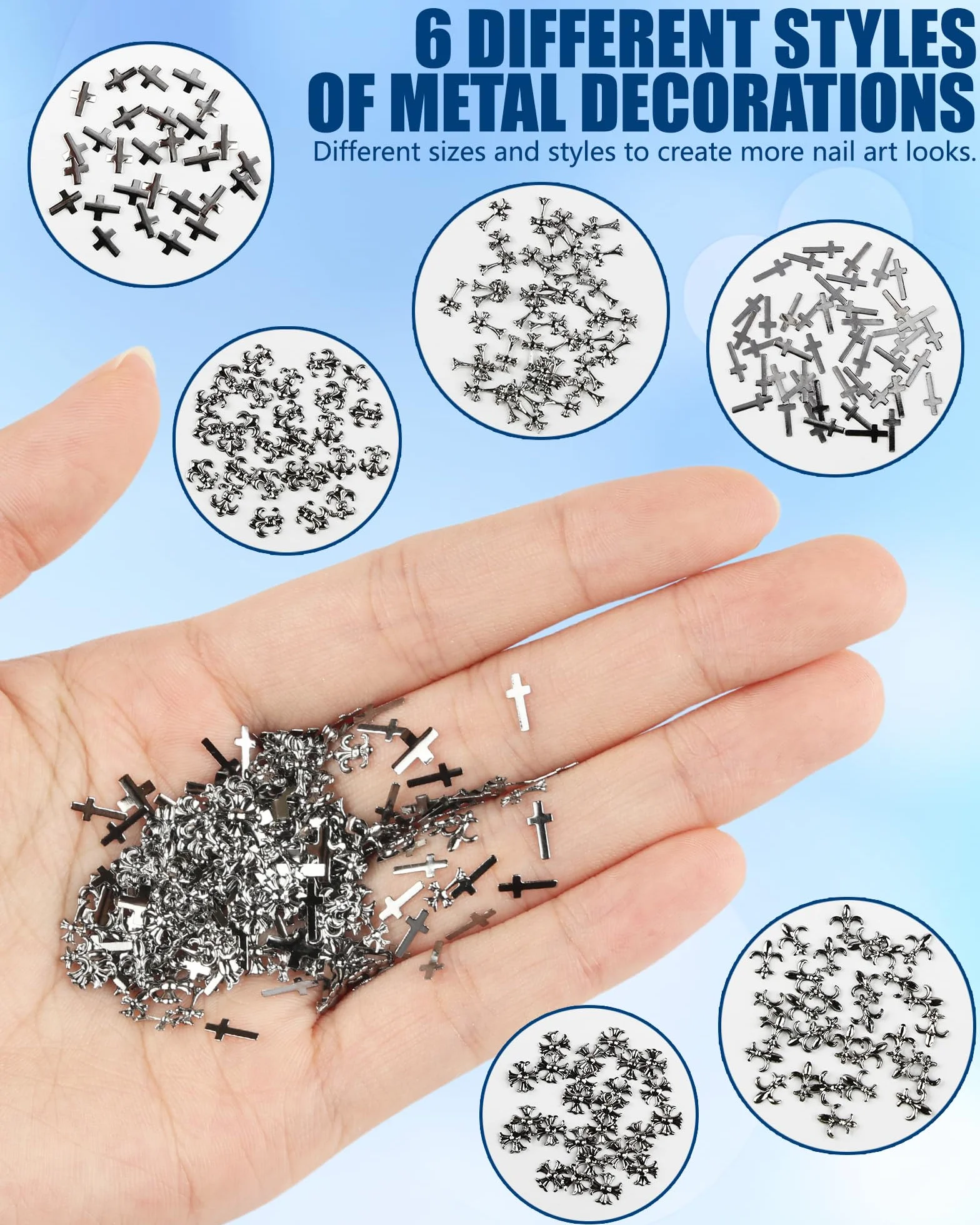 3D Naklejki do Paznokci, 300 Sztuk Dekoracje do Paznokci, Metalowe Charms do Paznokci w Stylu Punk Gotyckim Retro Srebrne, Charmy do Paznokci z Krzyżem do Nail Art DIY i Salonu