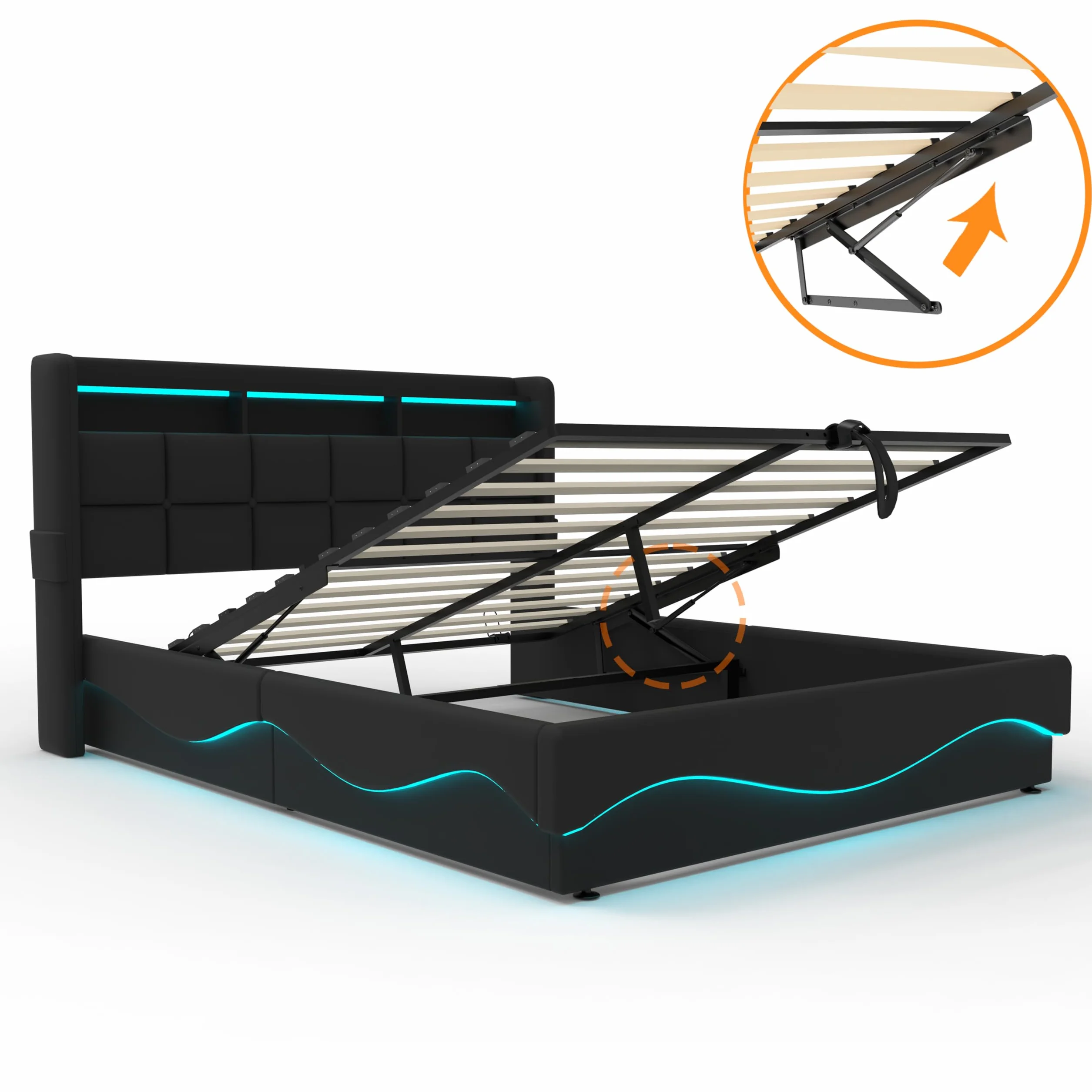 Łóżko z Pojemnością 140x200 cm LED USB/Type-C Stacja Ładowania Skóra Czarny