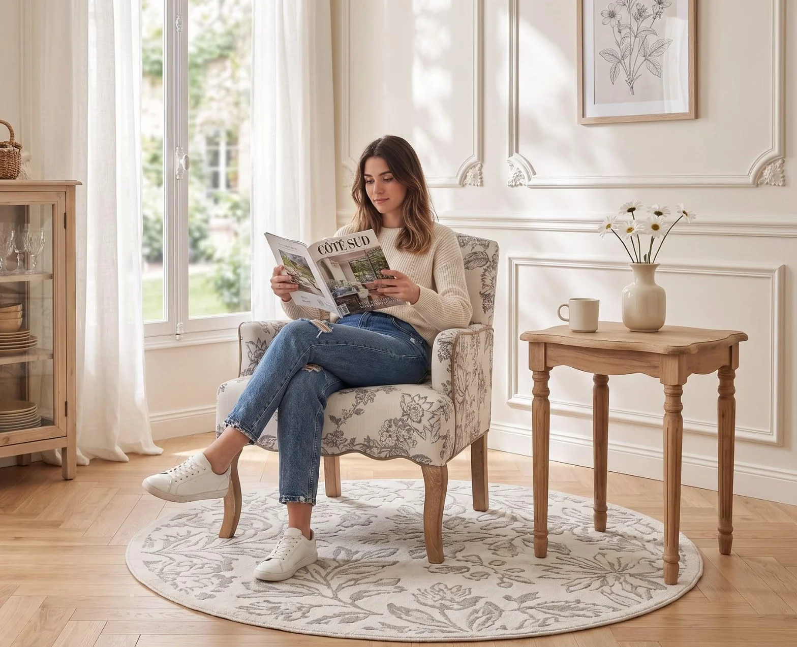 chairus Lniana sofa krzesło retro tapicerowane z drewnianymi nogami (beżowy)
