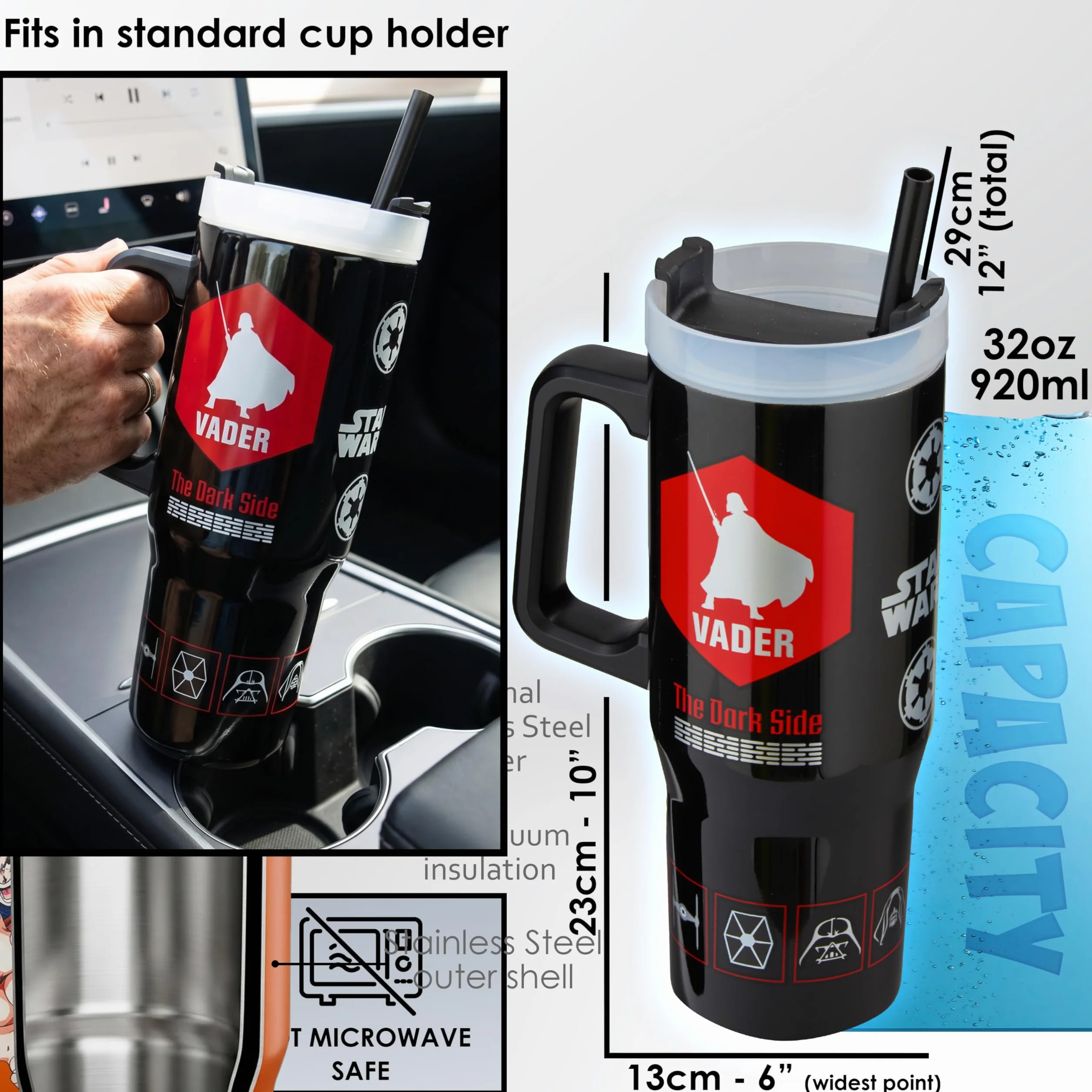 Get Trend Star Wars Izolowany kubek 920 ml, butelka na wodę ze słomką i uchwytem, lód do 42H zimna 12H i gorąca 8H, szczelny podróżny kubek do kawy, butelka na napoje, prezenty Darth Vader