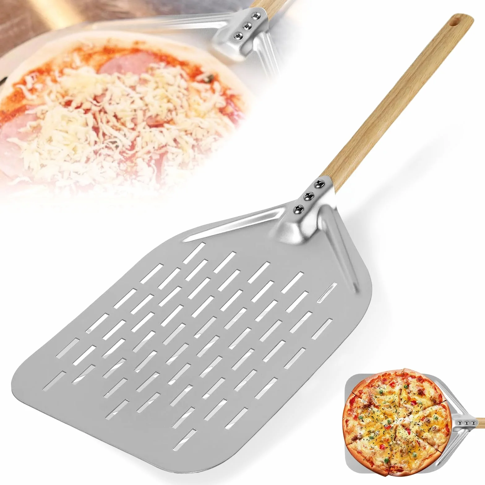 Perforowana łopatka do pizzy 12 cali 30,5 cm ze zdejmowanym uchwytem z twardego anodowanego aluminium