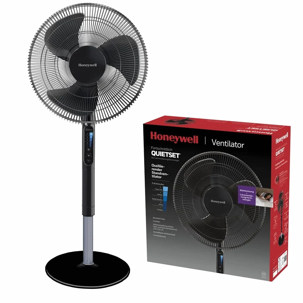 Wentylator stojący Honeywell Advanced QuietSet z funkcją oscylacji (5 poziomów prędkości, programator czasowy, oscylacja w zakresie 70°, regulacja wysokości, sterowanie pilotem, łatwość korzystania) HSF600B