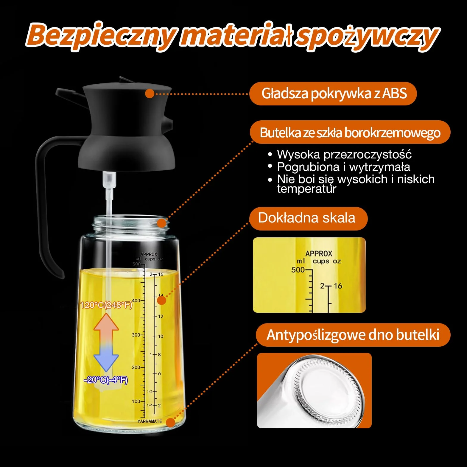 YARRAMATE Butelka dozująca oliwy z oliwek 2 w 1 rozpylacz oleju 18 oz 550 ml szklana Czarna