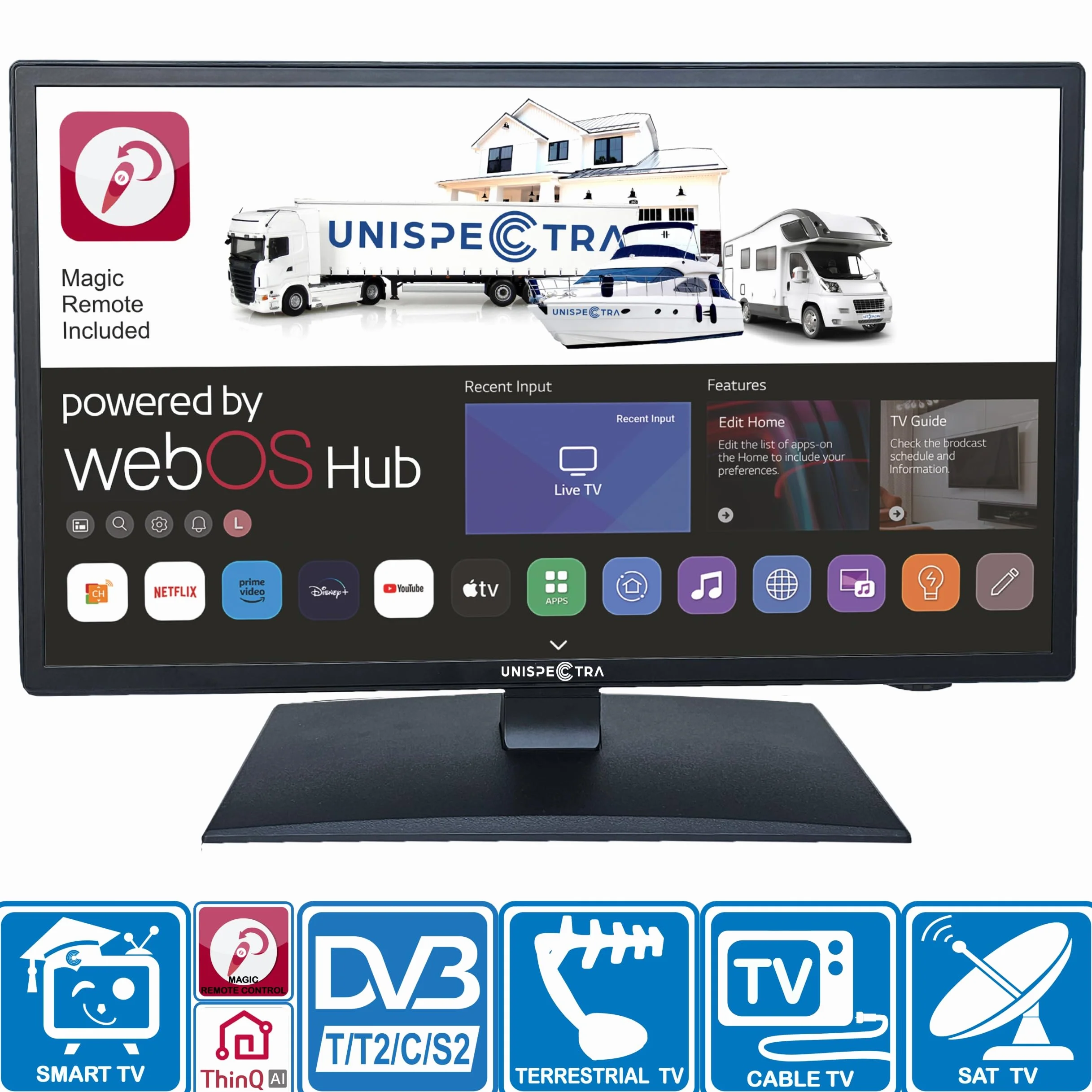 Unispectra ® 22” Smart TV (webOS) FHD 230V 12V 24V potrójny tuner, 3x HDMI, 2x USB, pilot Magic. Telewizor 12 V do samochodów I przyczep kempingowych, ciężarówek, łodzi