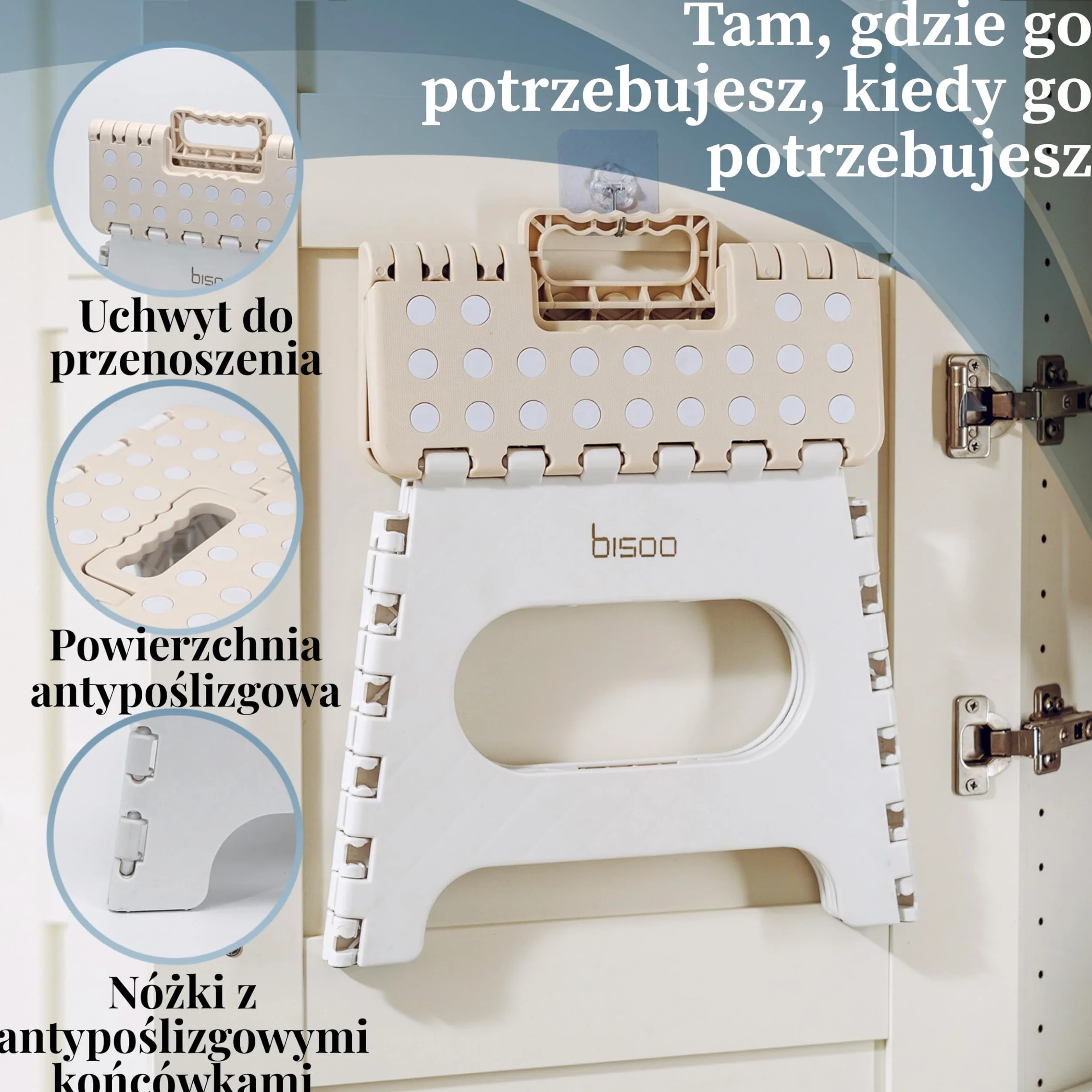 Bisoo SkładanyTaboret dla Dzieci – Antypoślizgowy Stopień Stołek do Toalety łazienki i Kuchni – Składany Przenośny i Poręczny Podnóżek Dziecięcy - 22 cm (Śmietana)