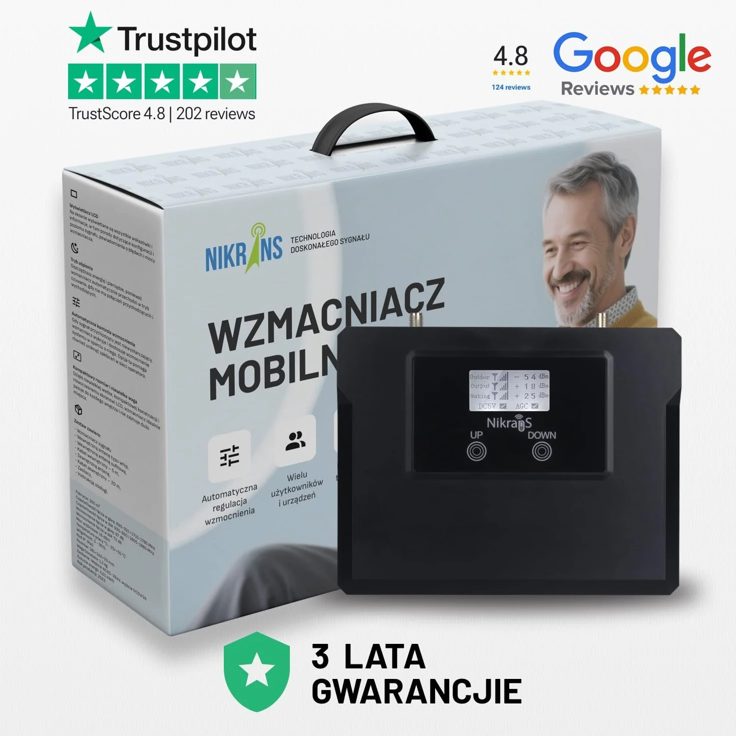 Wzmacniacz sygnału – Repeater GSM i 4G LTE (900 + 800 MHz) - Zasięg do 250 m² - Kompatybilny z Orange, Play, Plus, T-Mobile itp.