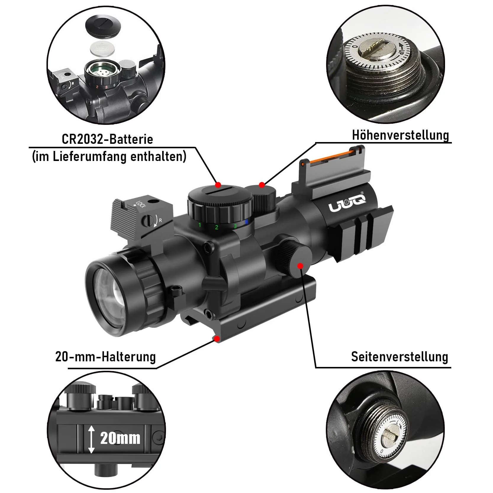 UUQ 4X32 Prism Optics Rifle Scope,Red Illuminated Reticle,and Glass Etched Reticle 4X Magnification-Fits 20mm Free Mounts