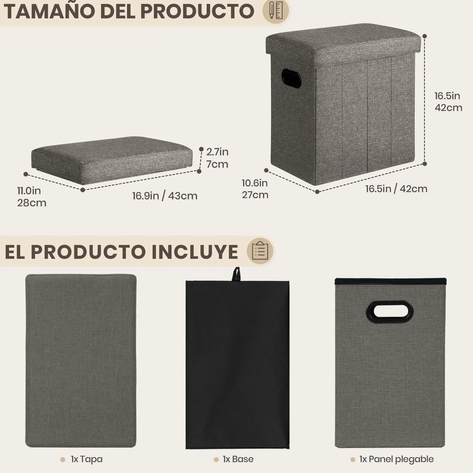 COSYLAND Stołek z miejscem do przechowywania, składany stołek, podnóżek, do salonu i sypialni, pojemność 40 L, maksymalne obciążenie 150 kg, 42 × 27 × 42 cm, Askgrå