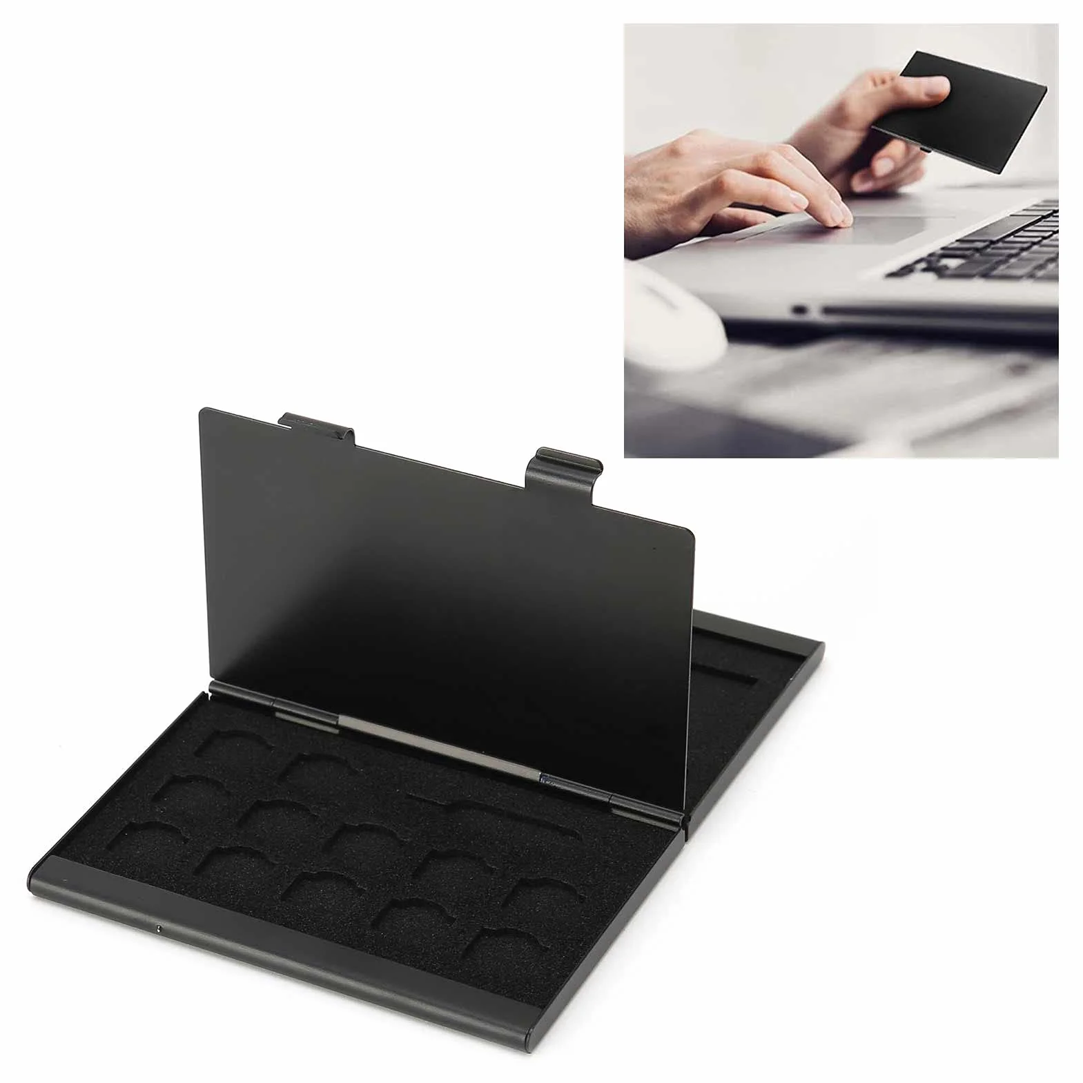 Pudełko do Przechowywania Kart SIM, Aluminium, Czarne, 9.3x6x1.1cm, z Pianką EVA, 4 Karty SIM + 12 Nano + 4 Gniazda SIM + 1 Pin