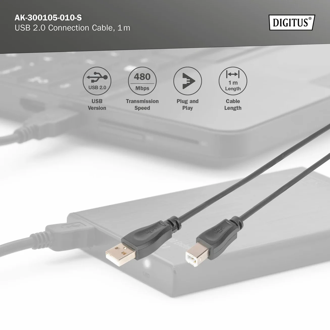 DIGITUS Kabel połączeniowy USB 2.0-1 m - USB A (m) do USB B (m) - 480 Mbit/s - kabel połączeniowy, kabel USB - czarny