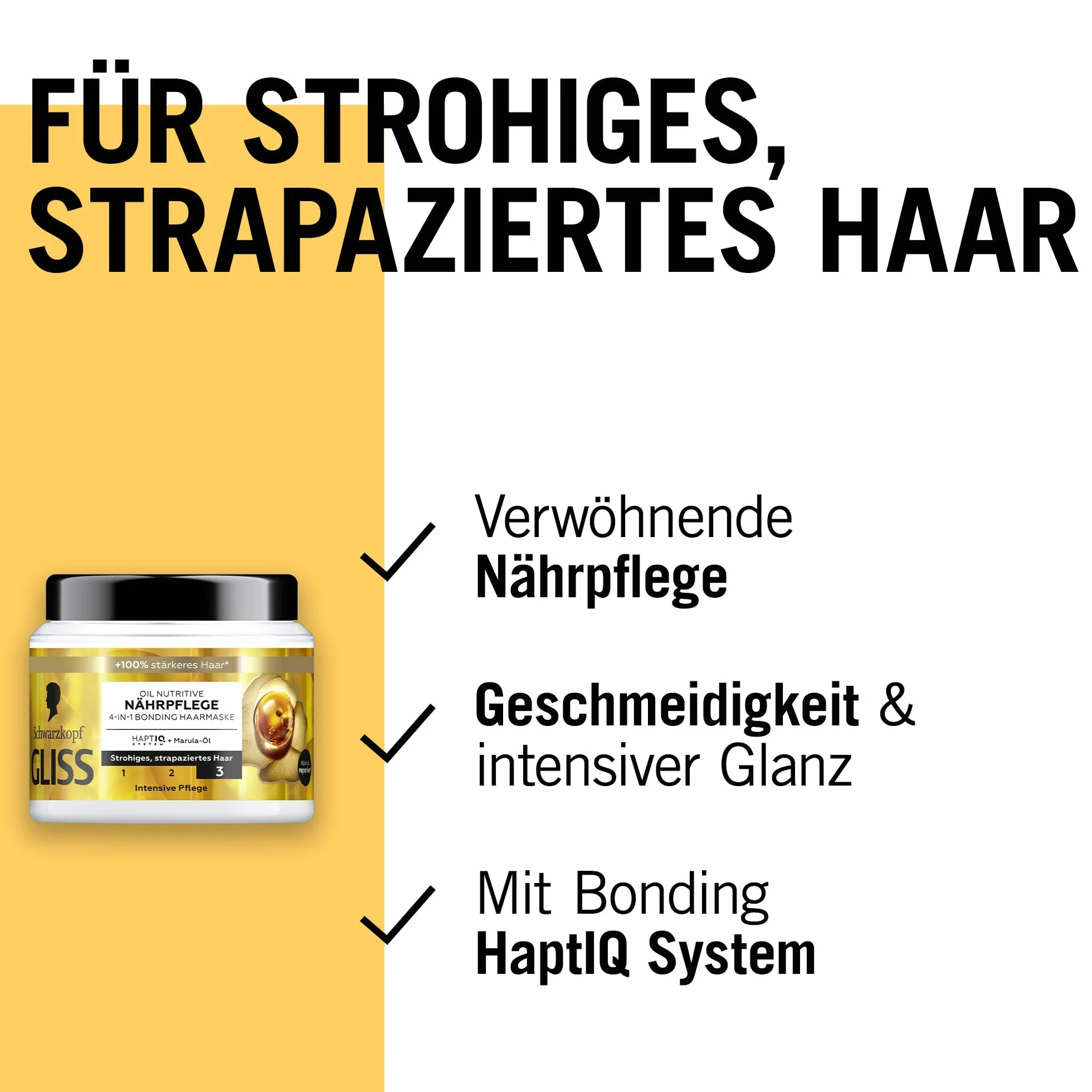Gliss 4 w 1 kuracja odżywcza Oil Nutritive (400 ml), kuracja do włosów z systemem HAPTIQ i olejkiem Marula odżywia słomkowe, zniszczone włosy, maska do włosów zapewnia zmysłową elastyczność