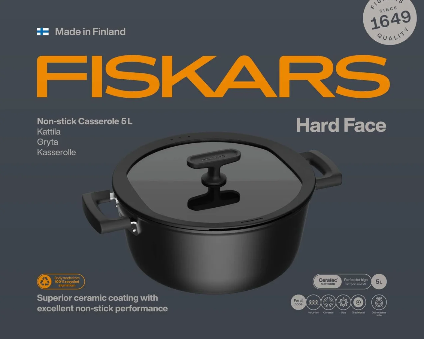 Fiskars Rondel Hard Face 26 cm 5 litrów z pokrywką, nieprzywierający, odporny na zarysowania, aluminium/plastik