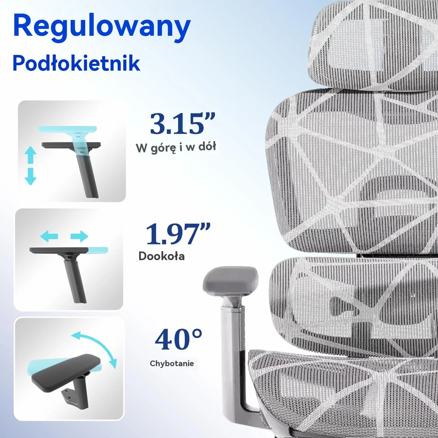 Krzesło Biurowe Gamingowe z Wysokim Oparciem z Siatki, Podłokietniki 3D, Regulowany Zagłówek, Szary