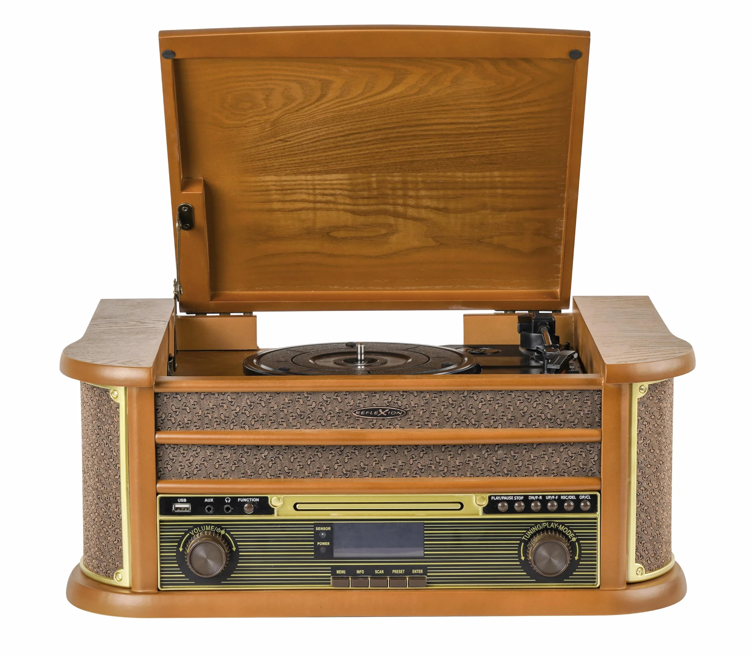 Reflexion HIF2002 wieża stereo retro z gramofonem, kasetą, odtwarzaczem CD i radiem DAB (DAB+, UKF/MW, MP3, USB, wyświetlaczem LCD, pilotem zdalnego sterowania, 80 W, obudowa z prawdziwego drewna), kolor brązowy