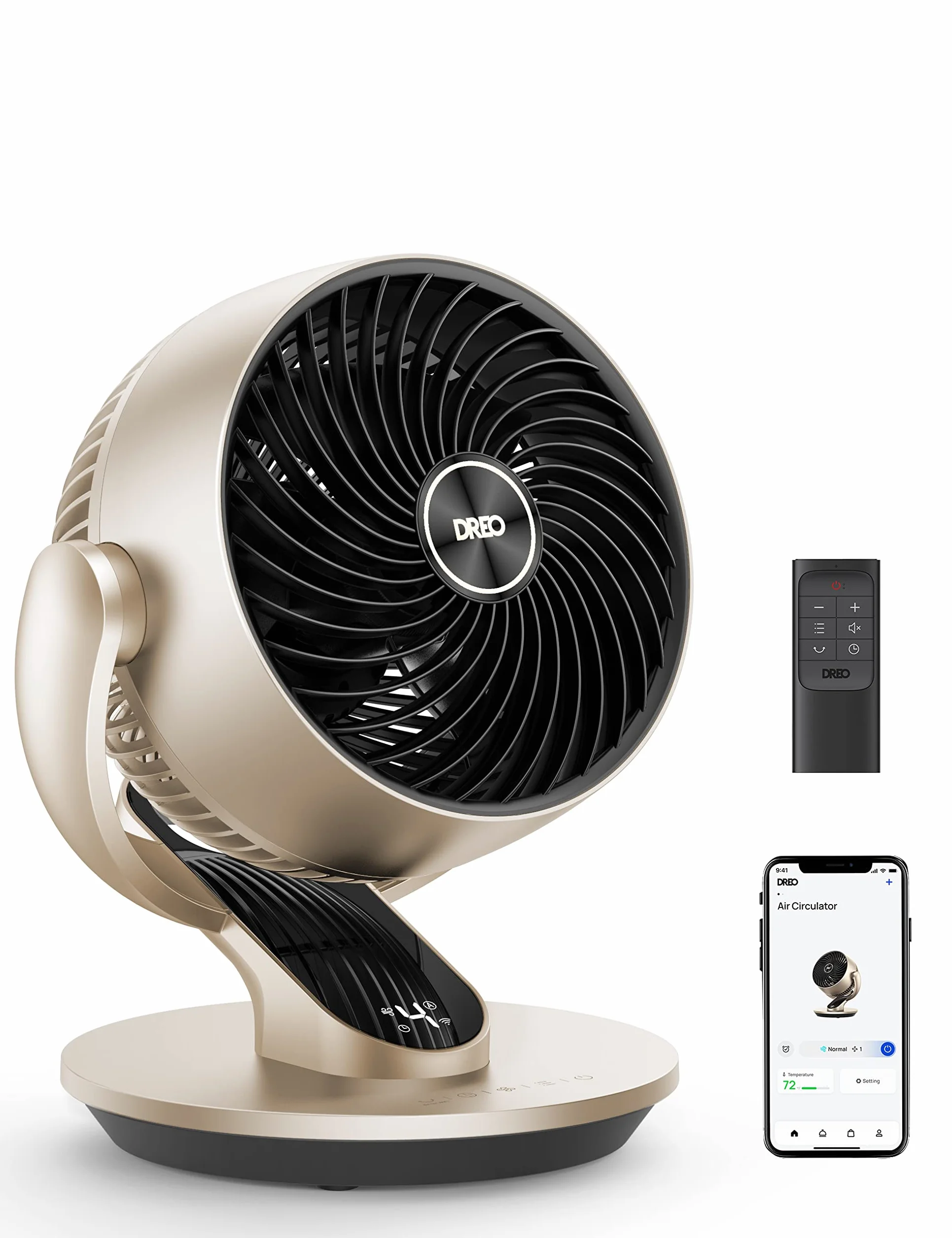 Dreo Lynx S Inteligentny wentylator stolikowy 28 dB 18 cm 4 prędkości 5 trybów timer 12h oscylacja 120° pilot sterowanie głosowe złoty