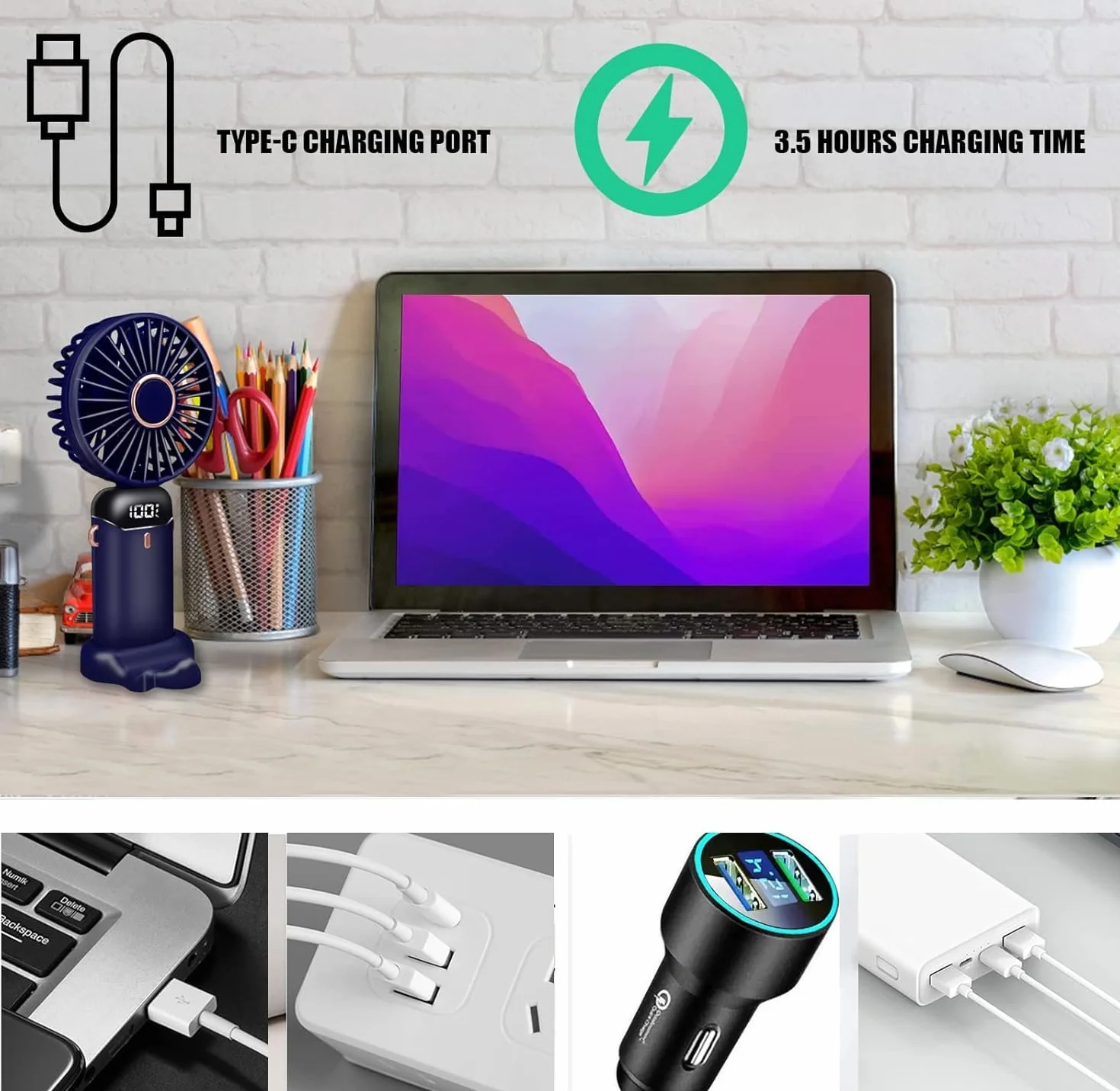 Jsdoin Wentylator ręczny, przenośny ręczny wentylator USB z 5 prędkościami, zasilany bateryjnie, mini wentylator, składany wentylator biurkowy z wyświetlaczem LED, do domu, biura, sypialni, na