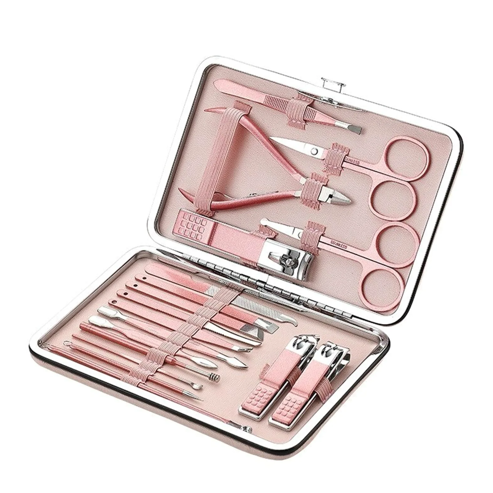 Zestaw do manicure, nożyczki do uszu, nożyczki do paznokci, różowe złoto, 18 sztuk, diagonalne, złuszczające, ze stali nierdzewnej