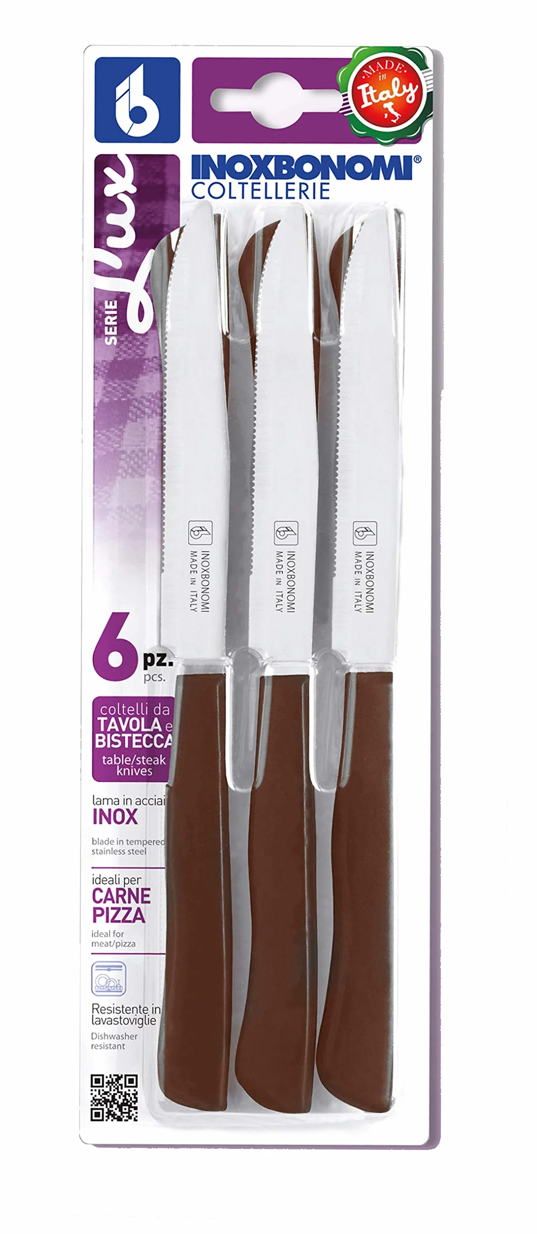 INOXBONOMI Zestaw 6 włoskich noży kuchennych do steków (11 cm, bardzo ostry ząbkowany, nóż stołowy, ergonomiczny uchwyt, nadaje się do mycia w zmywarce) - brązowy