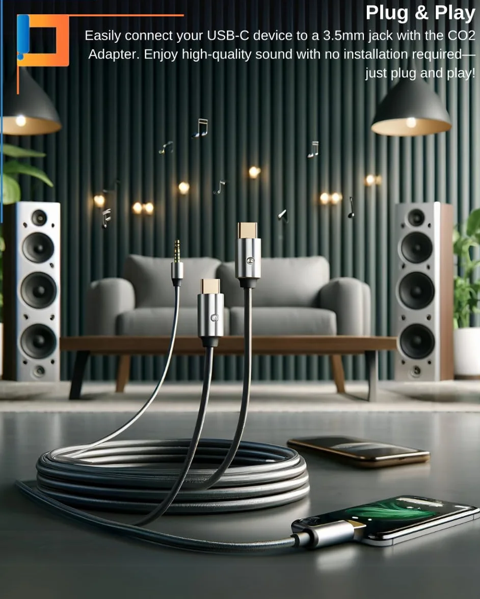 CO2 Adapter USB-C do Mini Jack 3,5 mm AUX z Przetwornikiem DAC 128 kHz HD, Najwyższa Jakość Dźwięku, Aluminium Space Grey, Kabel Kompatybilny z iPhone, MacBook, iPad Pro, Samsung (DAC)