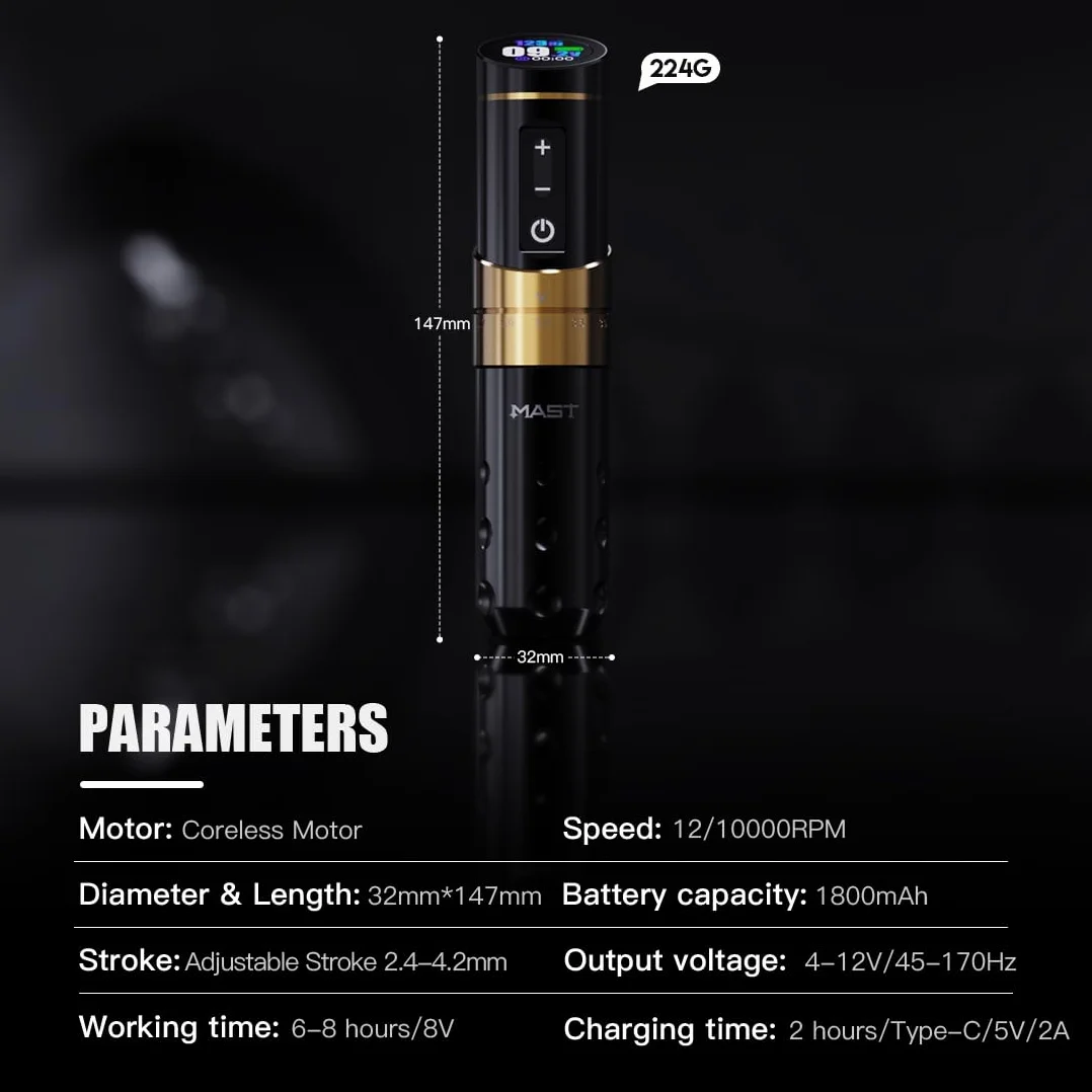 Mast Flip3 Wireless Tattoo Machine Gun Rotary Tattoo Cartridges Pen with 7Adjustable Strokes 2.4mm - 4.2mm with 2ps 1800mAh Battery Power Supply for Beginners and Tattoo Artist
