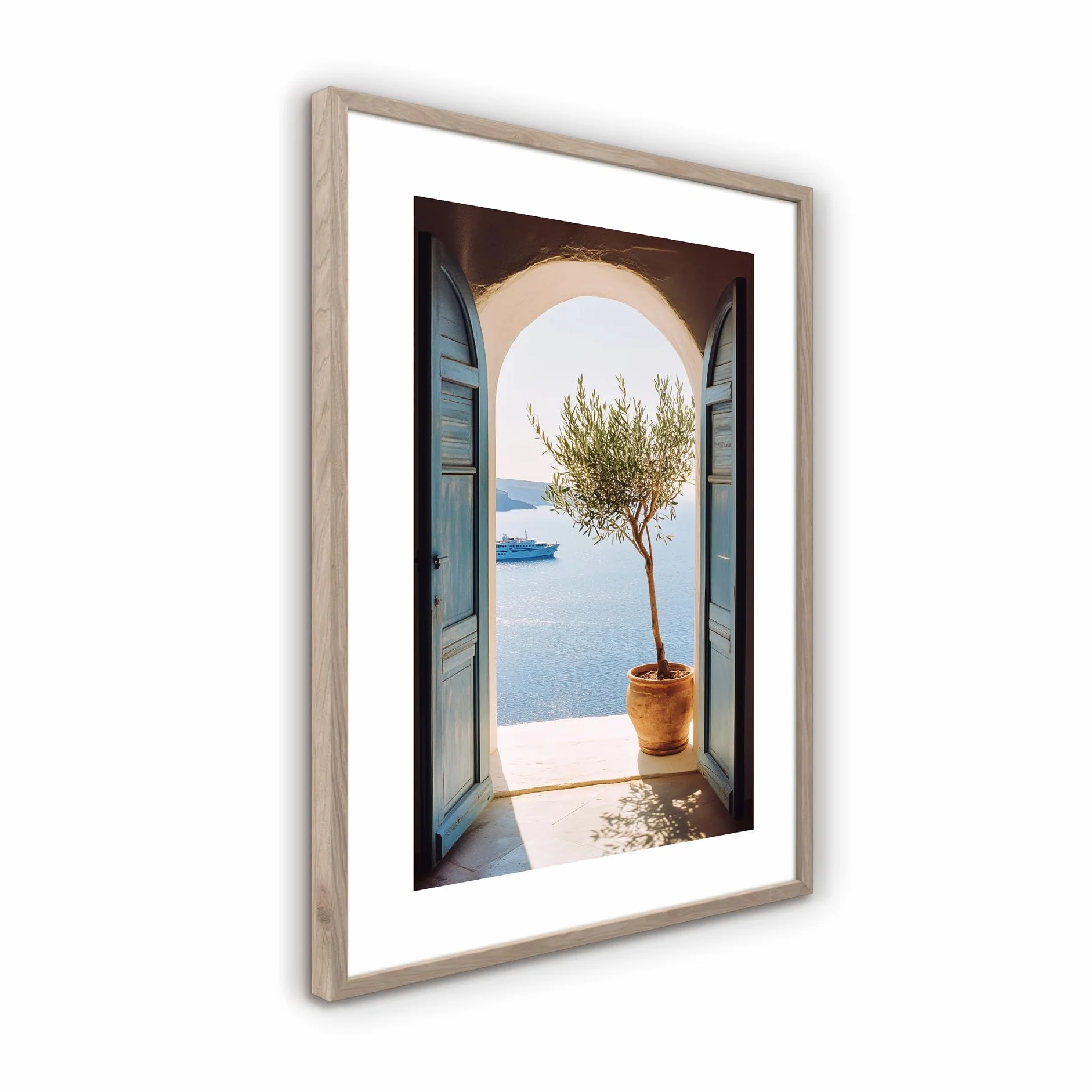 STYLER Obraz Mykonos 50 x 70 cm z drewnianą ramą – śródziemnomorski widok na morze z drzewem oliwnym – styl Santorini obraz ścienny dekoracja kolekcja Terra Verde