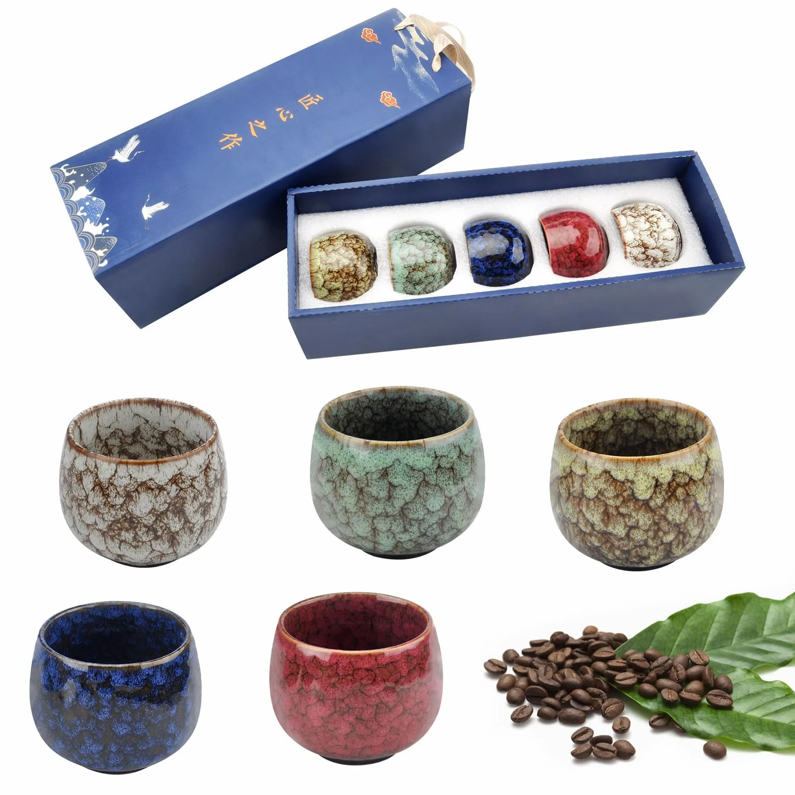 DAWRIS Zestaw Filiżanek do Espresso i Mokki - 5 Sztuk, 130 ml, Ceramiczne, Bez Uchwytu, Japońskie Filiżanki do Herbaty, Kawy, Cappuccino