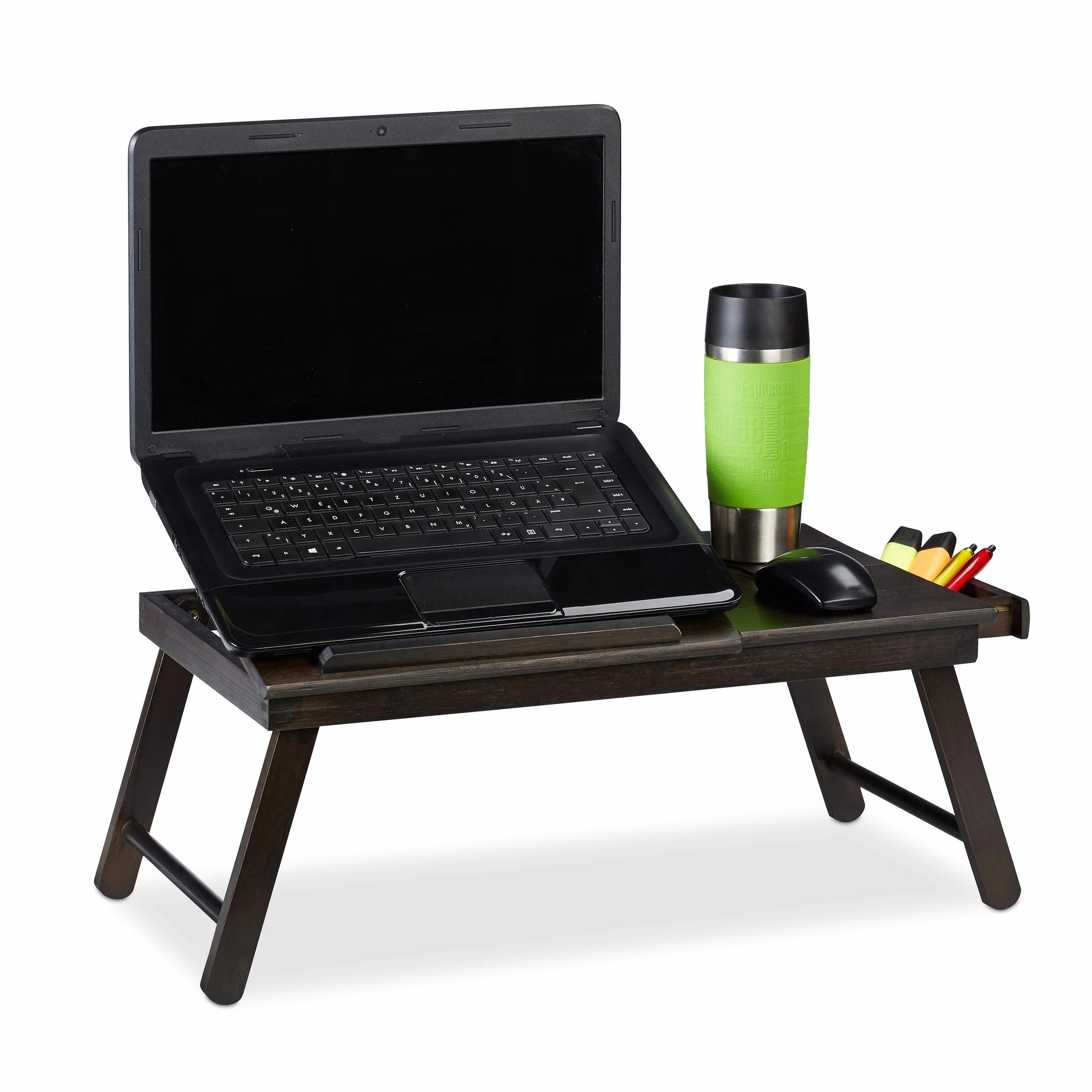 Relaxdays Bambusowy stolik pod laptopa, wys. x gł.: 25 x 60 x 35 cm, półka na laptopa z regulacją wysokości, składany, z szufladą, ciemnobrązowy