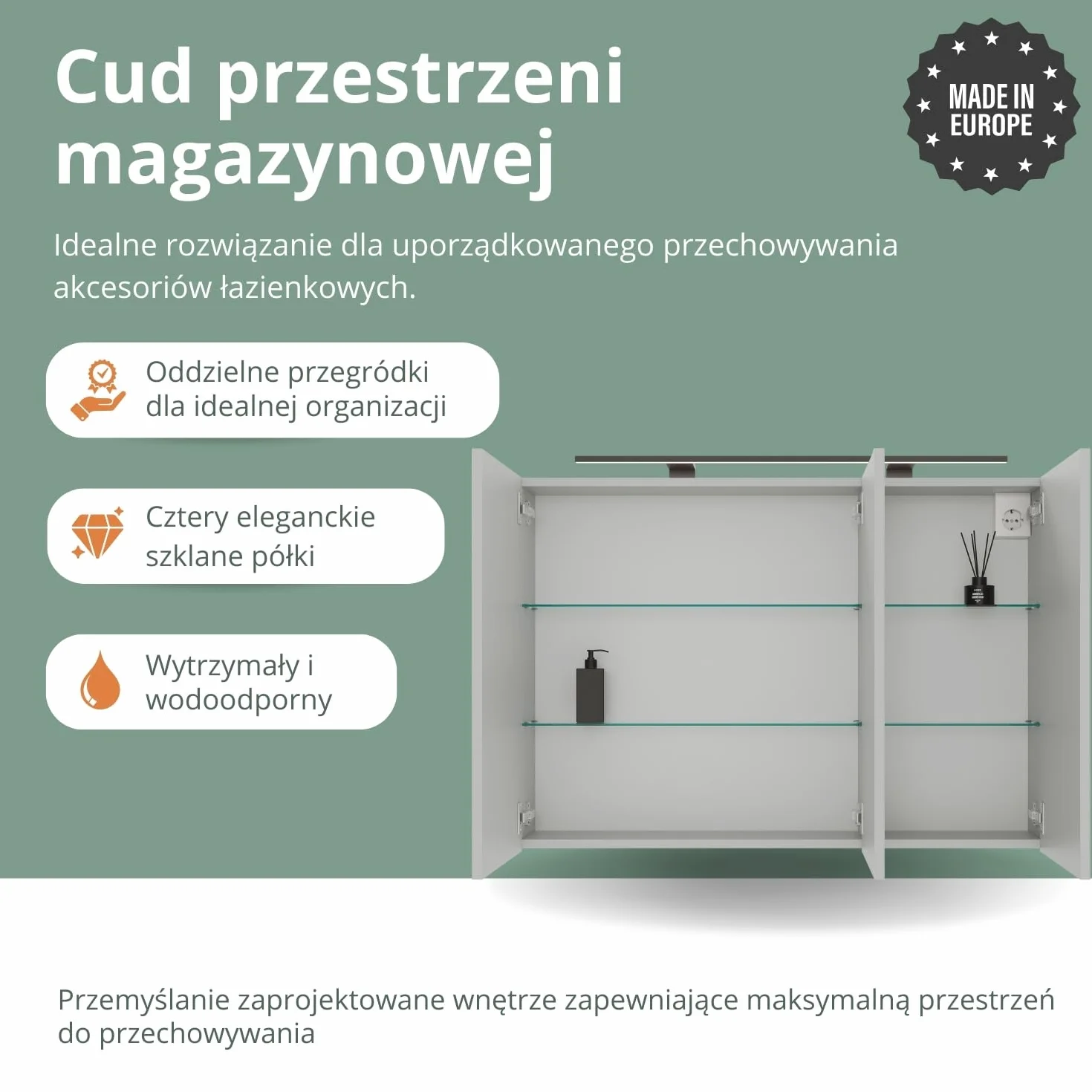 Planetmöbel ARIA Szafka z lustrem i oświetleniem 100 x 70 x 16 cm wisząca szafka łazienkowa Biało szara z gniazdkiem elektrycznym