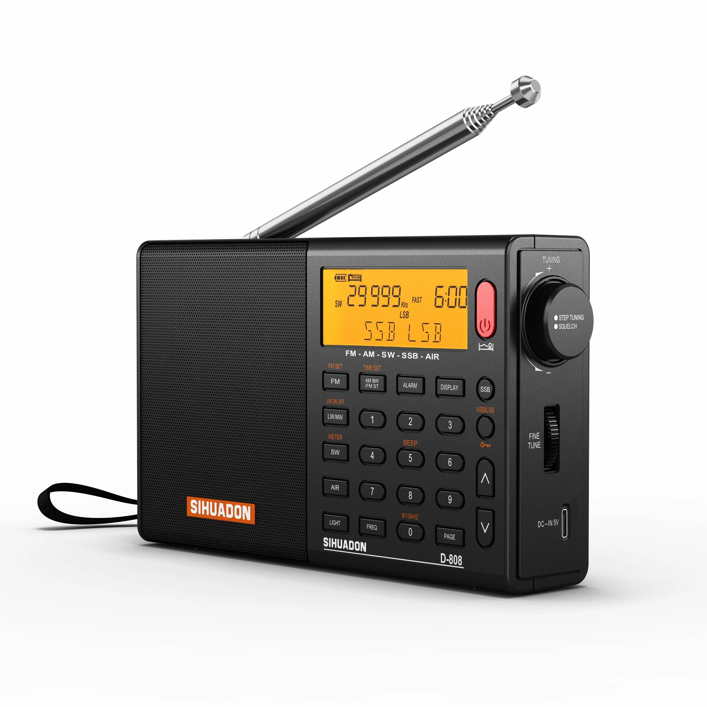 Przenośne radio cyfrowe SIHUADON D808 FM Stereofoniczny KW MW LW SSB AirBand wielopasmowy głośnik radiowy wyświetlacz LCD budzik wyłącznik czasowy czarny