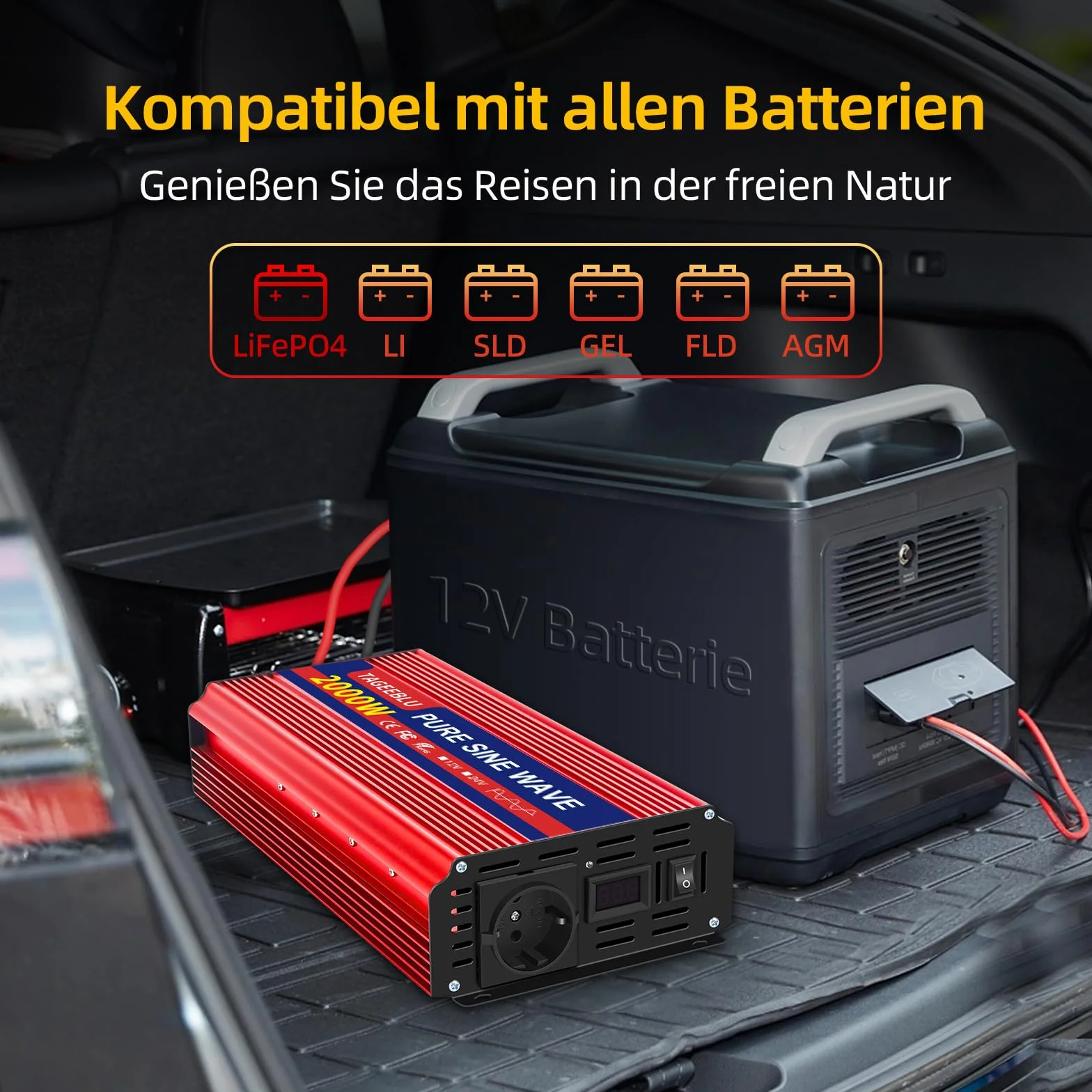 2000W Czysty falownik sinusoidalny DC 12V do AC 230V przetwornica napięcia, falownik do pojazdów z zaciskiem krokodylkowym, 1 gniazdo AC i wyświetlacz LCD