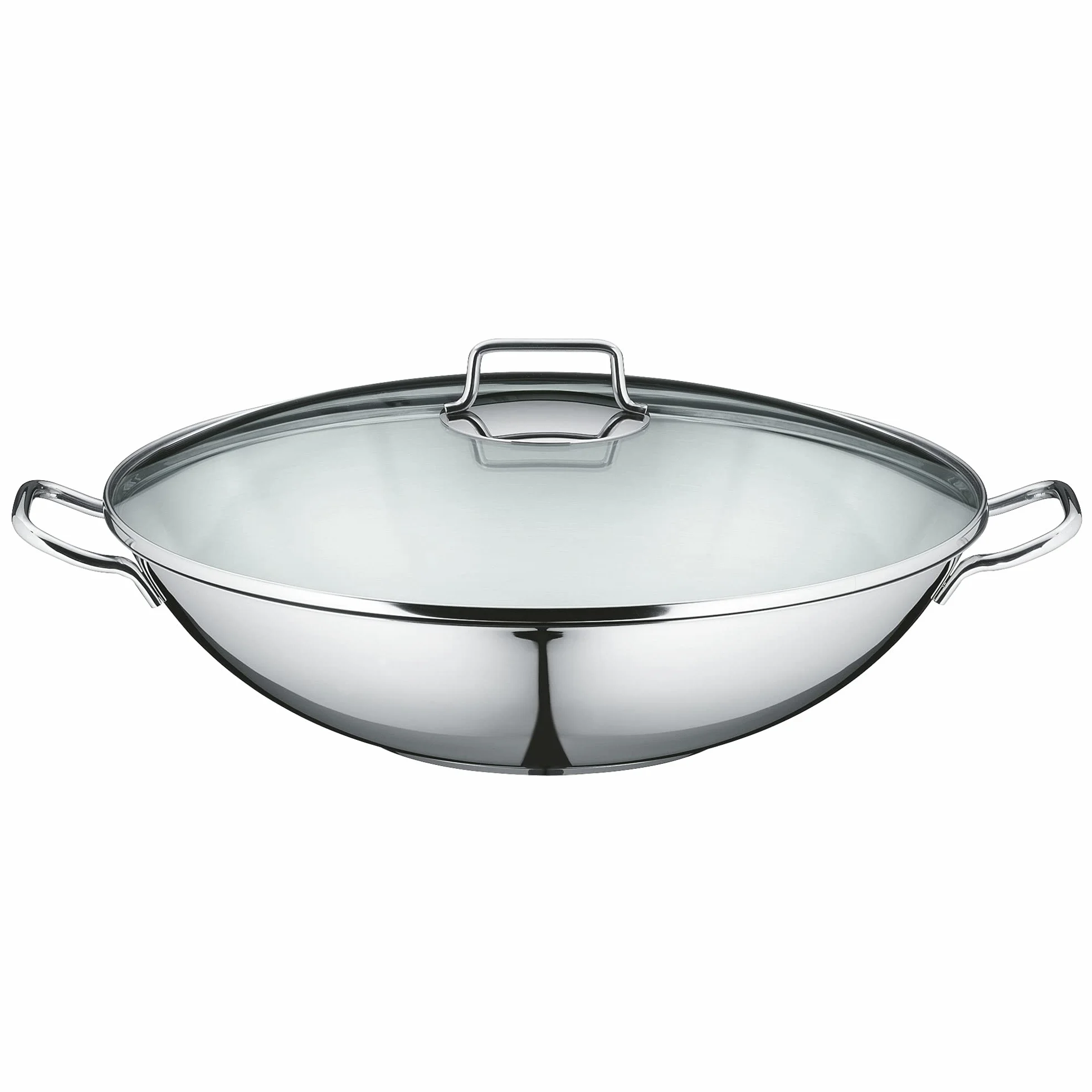 WMF Party wok 4-częściowy zestaw do gotowania na wok z pokrywką, 36 cm, 4,5 l, kratka do odkładania, wkładka do amortyzatora ze stali szlachetnej Cromargan, polerowana, niepowlekana, indukcyjna