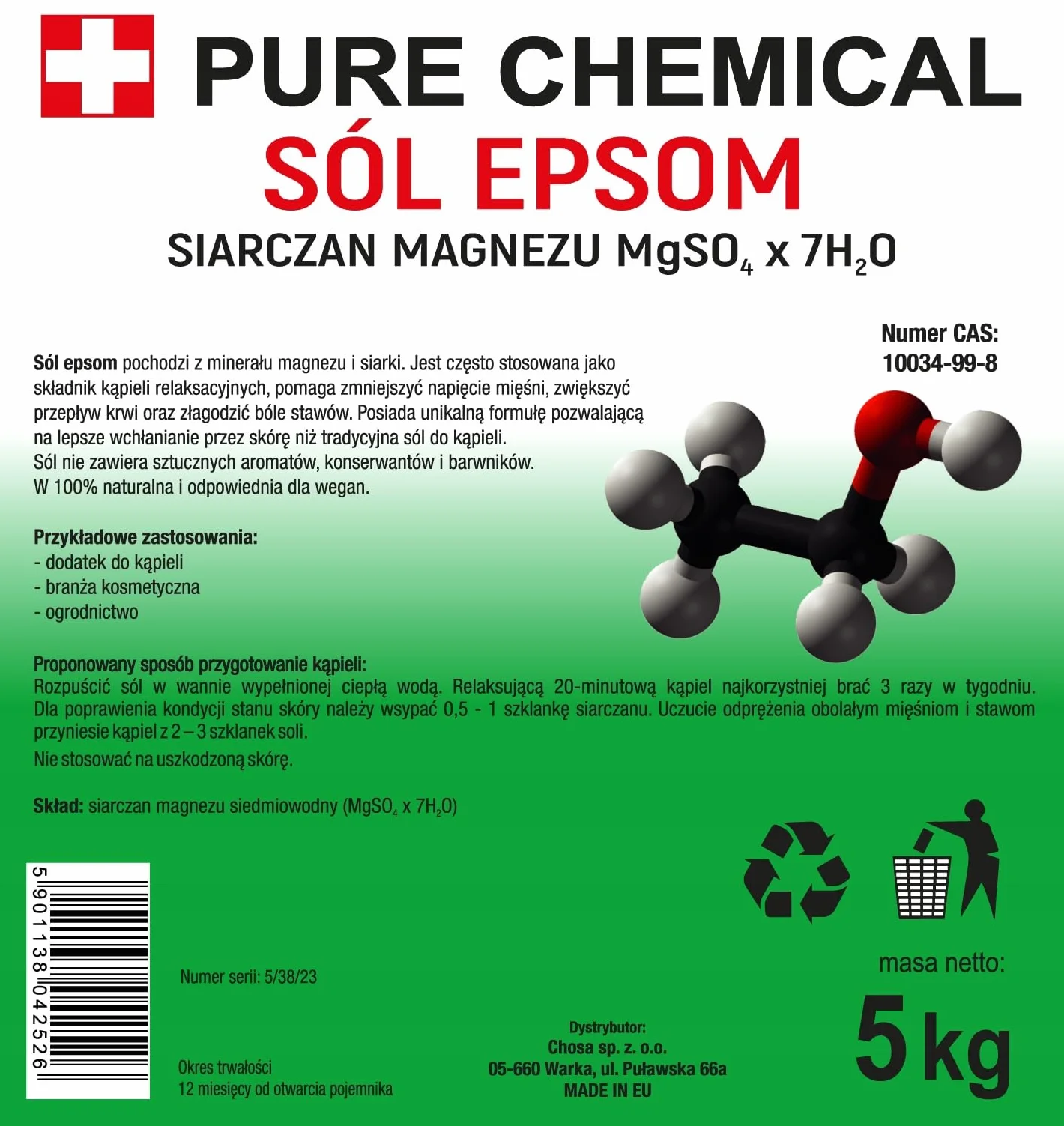 PURE CHEMICAL - Sól Epsom Do Kąpieli - Siarczan Magnezu - Rzymska - Angielska - Gorzka - Wellness - Relaksująca - Pedicure - Przeciwzapalna - Czysta - Bez Zapachu - Naturalna
