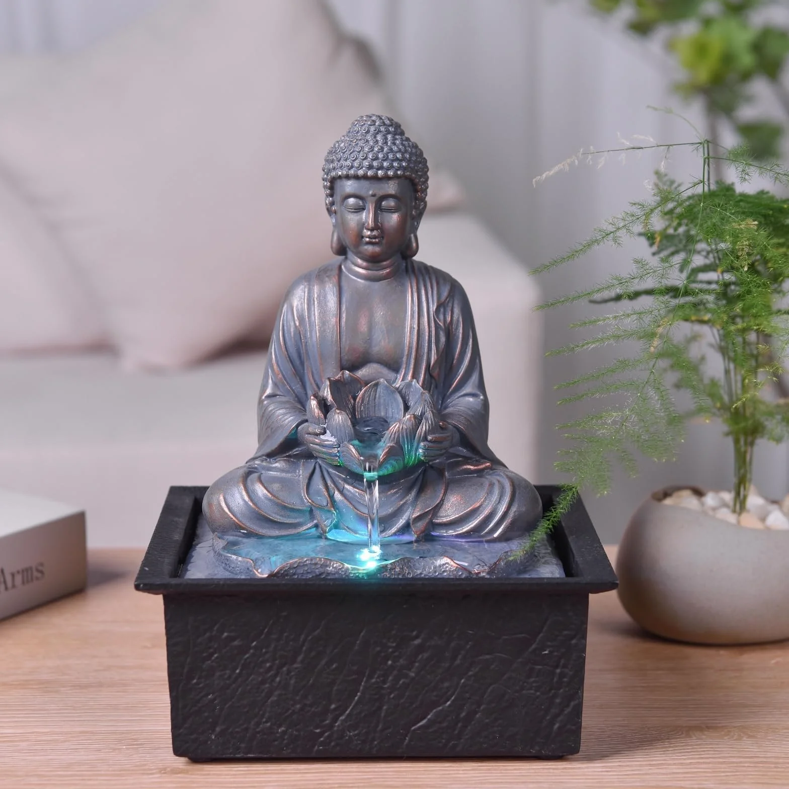 Fontanna wewnętrzna Budda Medytacja Lotos Kolorowe światło LED - Zen Deco Salon Sypialnia - Fontanna stołowa Relaksujący ruch - Przydatny prezent dla kobiet i mężczyzn - H 26cm - Sutra Zen'Light