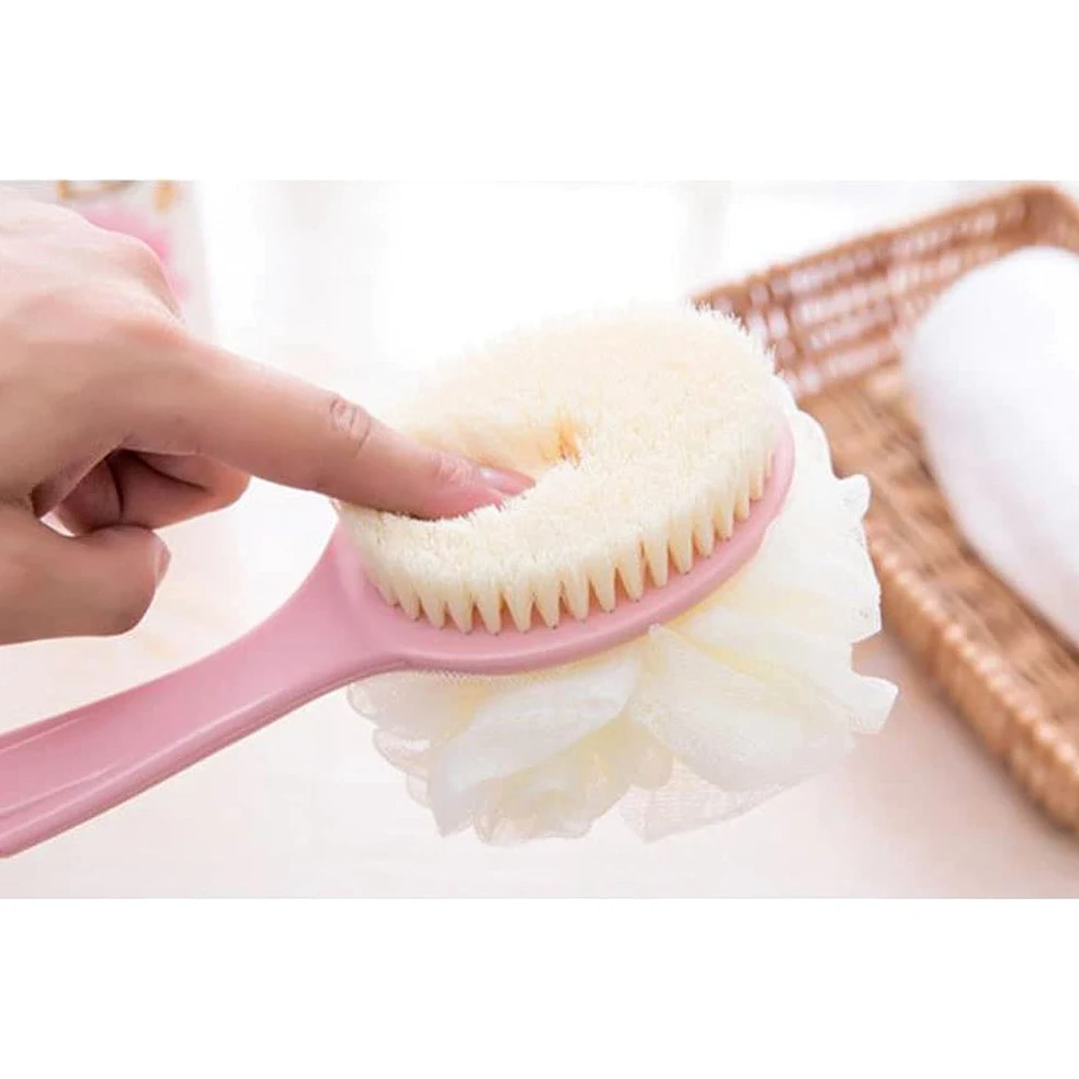 Ręcznik złuszczający Szczotka do ciała pod prysznic z włosiem i miękkim szorowaniem z tyłu Loofah Gąbka do kąpieli z zakrzywioną długą rączką Szczotka do złuszczającej kąpieli, Szczotka do c
