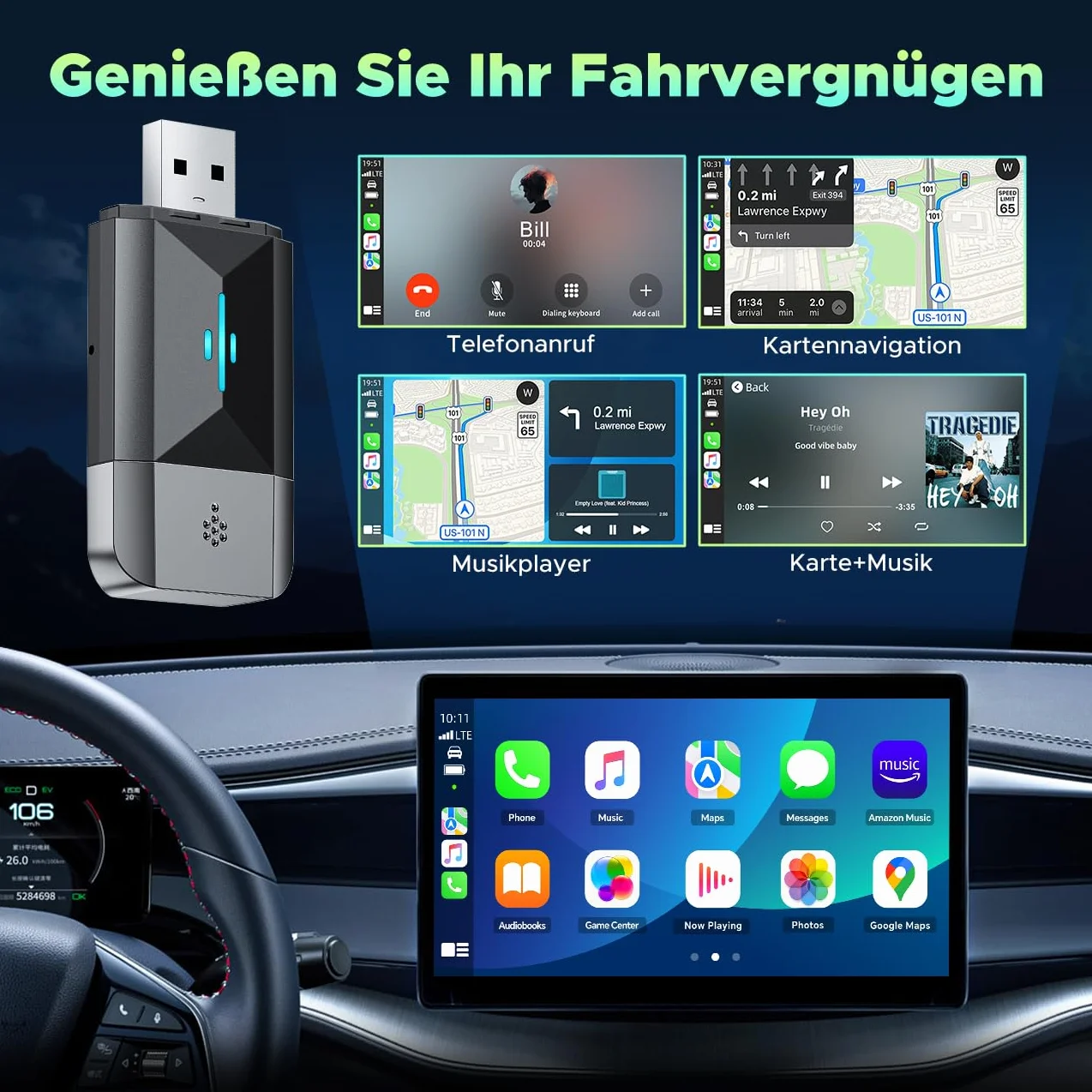 Lamto Carplay Adapter Android Auto 2 w 1 do CarPlay i Android Auto,Bezprzewodowy Klucz Sprzętowy CarPlay Konwertuje Połączenie Przewodowe na Bezprzewodowe, Plug&Play, Obsługuje iOS 10+ i Android 11+