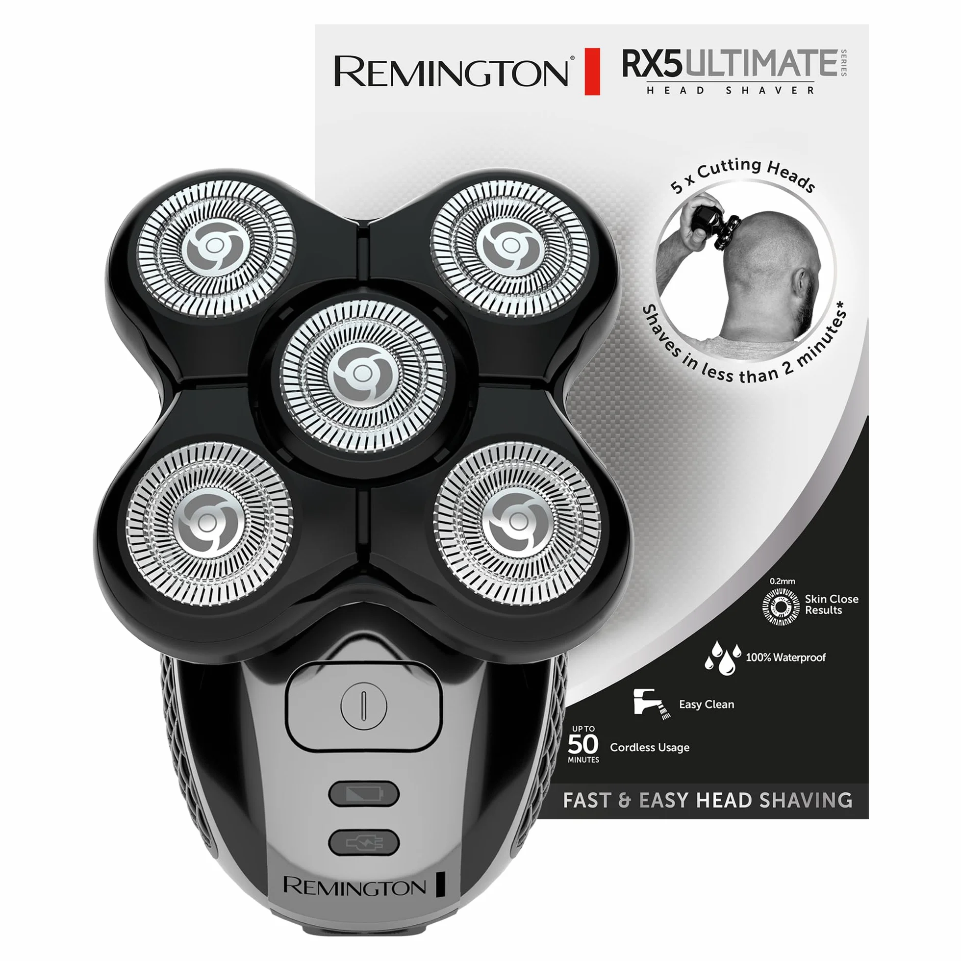 Remington golarka elektryczna do głowy, rotacyjna, golenie na dł. 0.2mm, antybakteryjna głowica, wodoodporna, bezprzewodowa, golenie na sucho i mokro, ciemnoszare etui, Ultimate RX5 XR1501