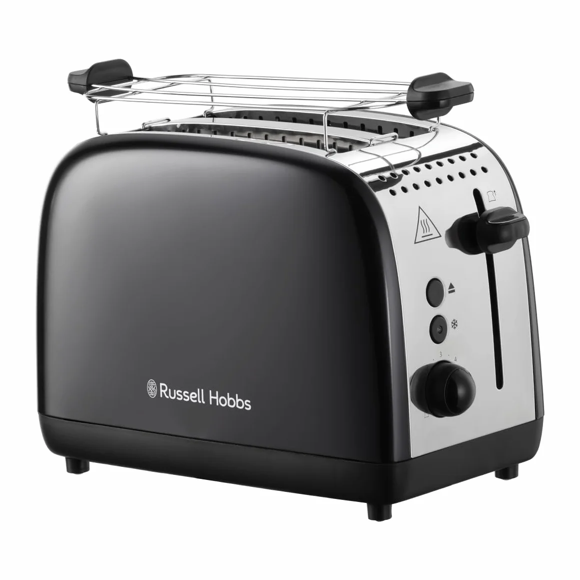 Russell Hobbs toster, na 2 kromki, bardzo szerokie szczeliny na tosty, nasadka do bułek, 6 ustawień opiekania, funkcja rozmrażania i Lift & Look, 1670W, stal nierdzewna, czarny, Colors Plus 26550-56
