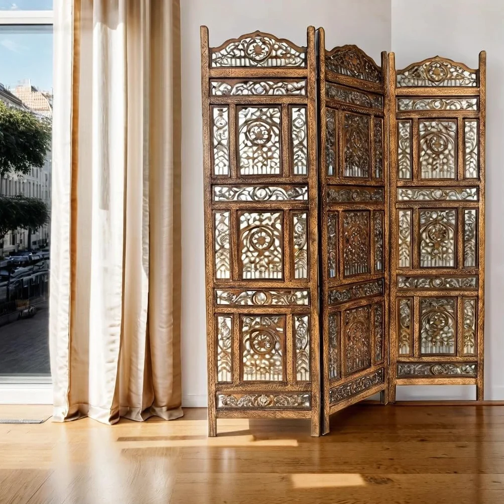 Paravent drewniana ścianka działowa Abhi Nava 150 x 180 cm brązowy indyjska dekoracja pokoju