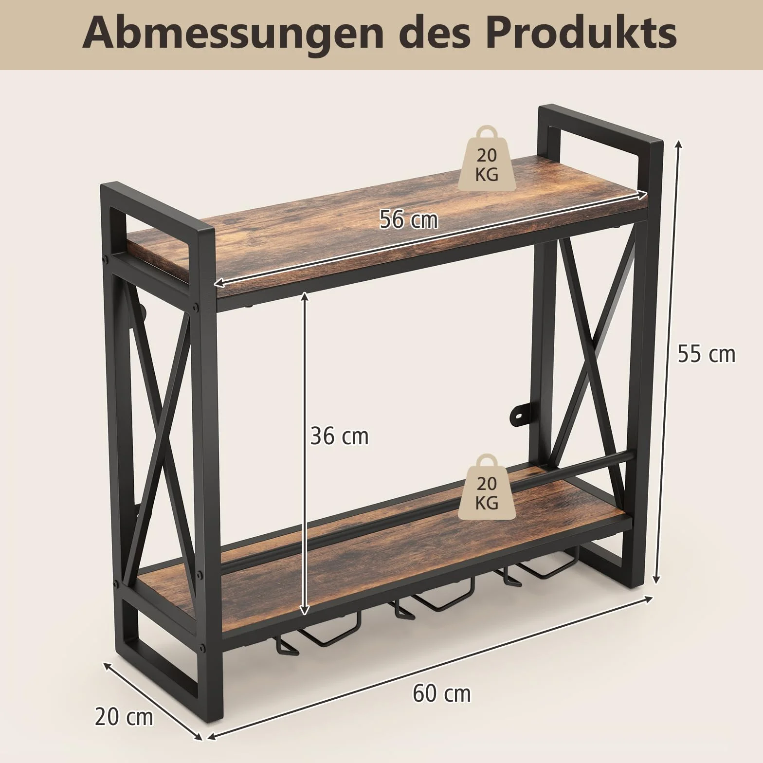 COSTWAY Regał ścienny na wino 2 poziomy metalowa ramka 60 x 20 x 55 cm