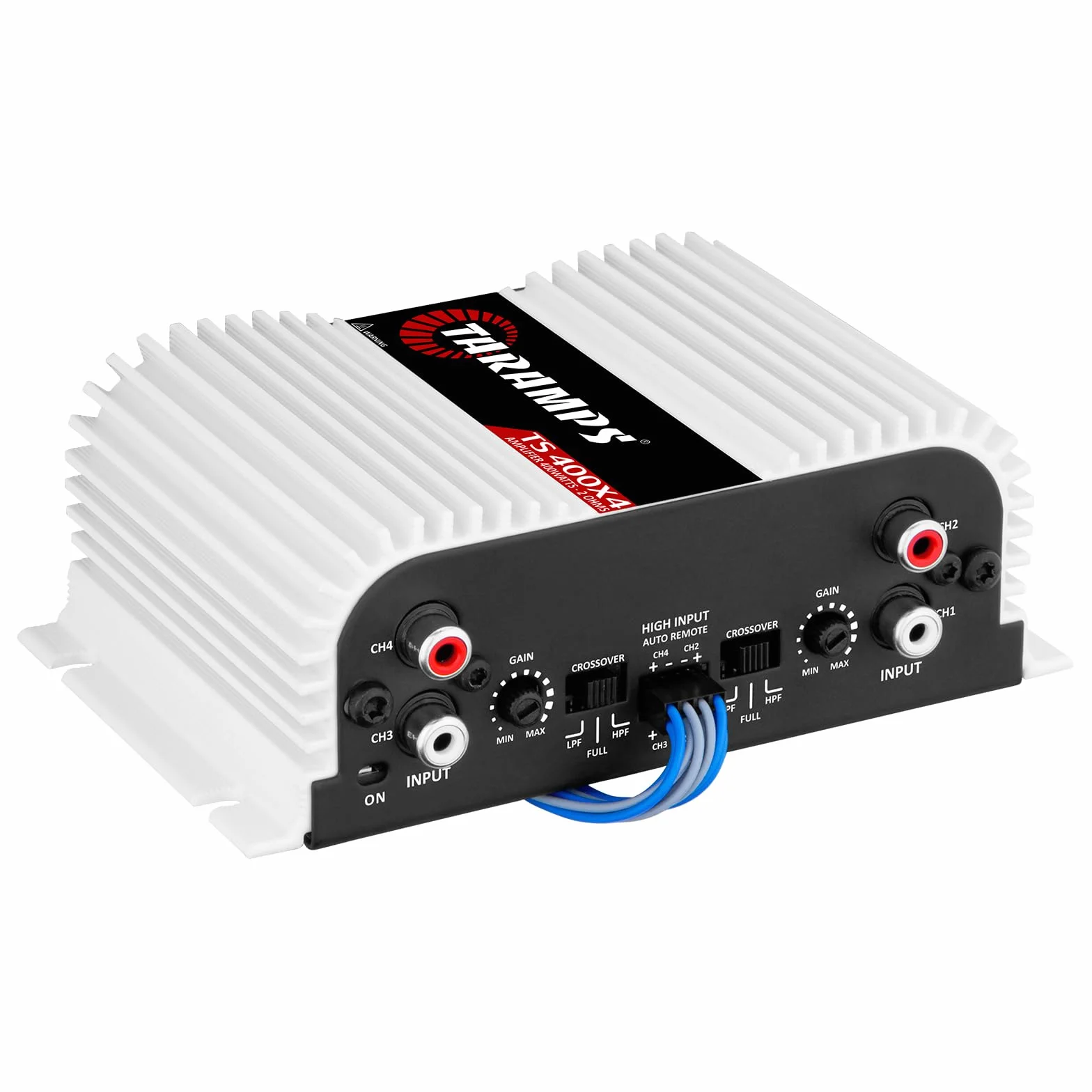 Taramps TS 400 x 4 z automatycznym wejściem wysokiego poziomu, 400 W, RMS, 4 kanały, pełny zakres, samochodowy wzmacniacz audio, klasa wejściowa RCA, 2 kanały, wielokanałowy system wzmacniacza