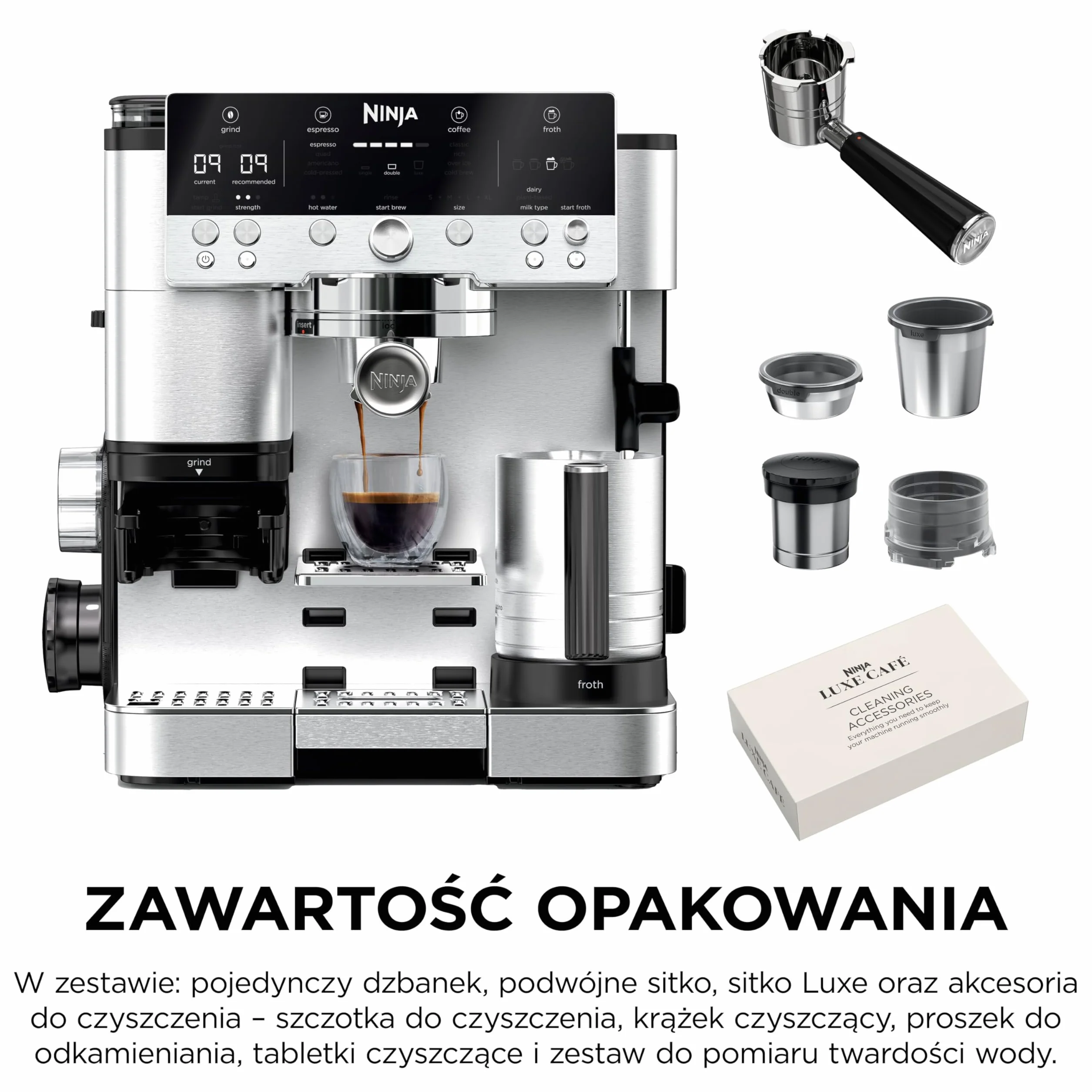Ninja Luxe Premier Ekspres do kawy 3 w 1 ES601EU, latte, cappuccino, cold brew, espresso, wbudowany młynek, spieniacz do mleka, srebrny