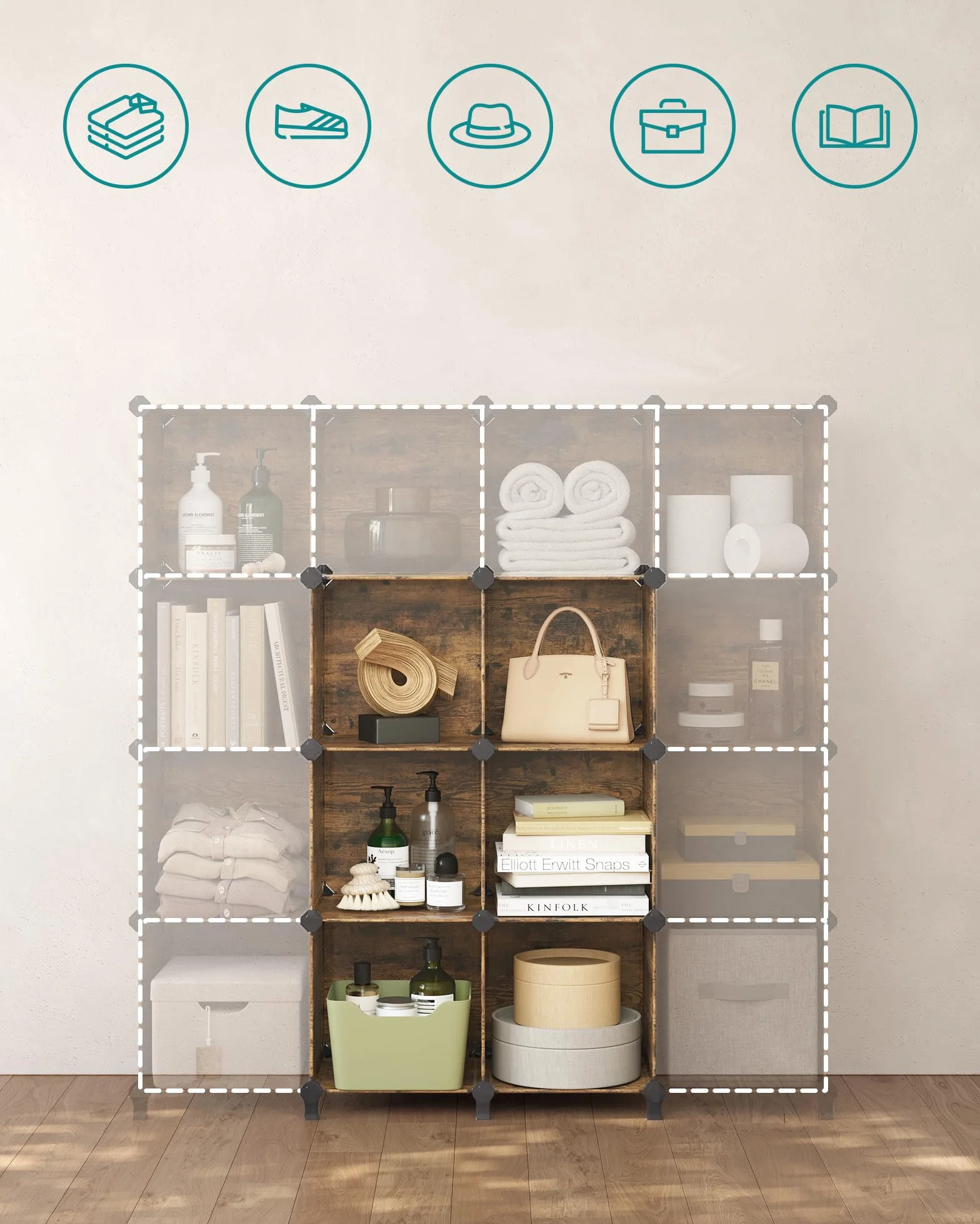 SONGMICS 6-komorowy modułowy regał modułowy plastikowy organizer z nogami na buty sześcian 30 x 30 x 30 cm salon sypialnia gabinet gumowy młotek rustykalny brązowy LPC111A01
