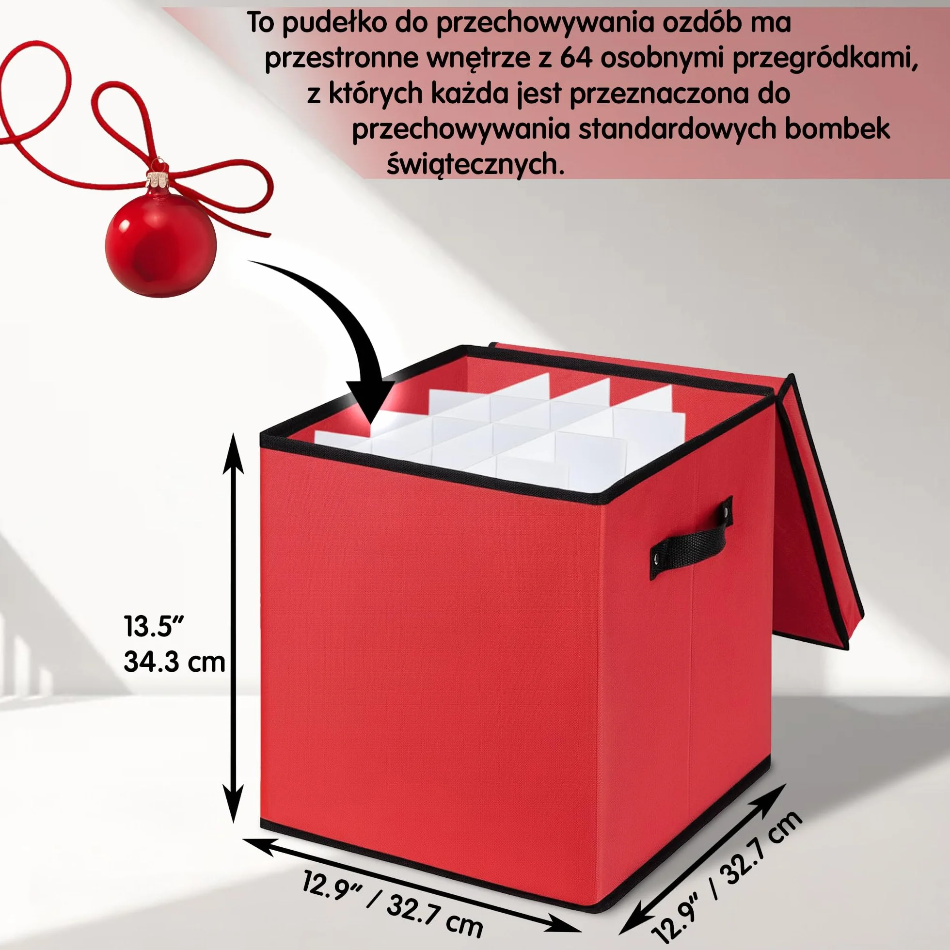 Pudełko do Przechowywania Ozdób Świątecznych z Przegrodami - Organizer na Bombki - Mieści 64 Bombki - Trwały, Składany Czerwony Pojemnik z Tkaniny, Bez Tacy - od Mobi Lock