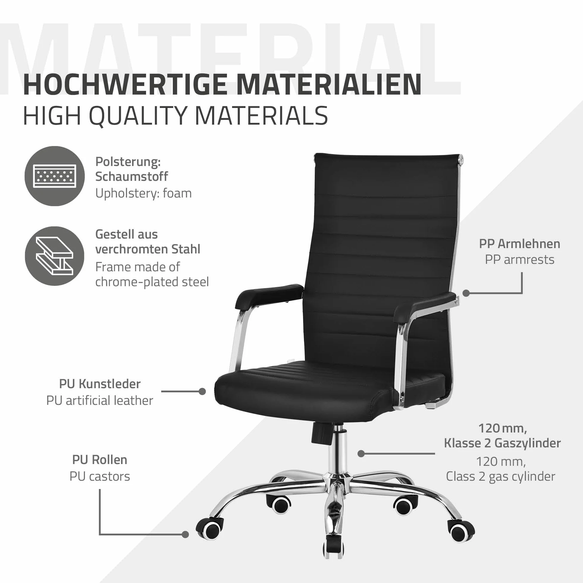 ML-Design Ergonomiczne Krzeslo Biurowe Czarne Regulowane Krzeslo Komputerowe z Podlokietnikami Ekoskóra Chromowana Stalowa Rama Fotel Obrotowy na Kólkach z Funkcja Bujania Krzeslo do Pracy Biura