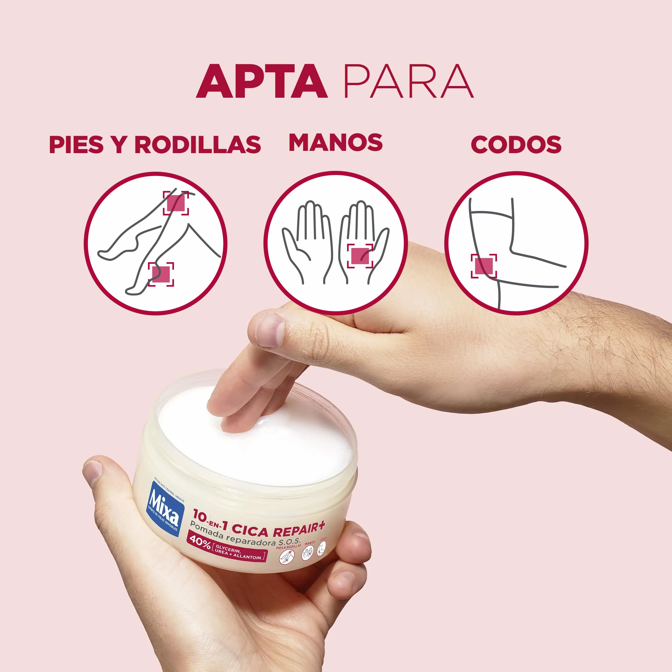 Mixa Cica Repair+ 10 w 1 Maść naprawcza S.O.S. Patentowana formuła 40% [gliceryna + mocznik + alantoina] Nadaje się do skóry suchej i pękniętej. Do stóp, kolan, dłoni i łokci. 150 ml