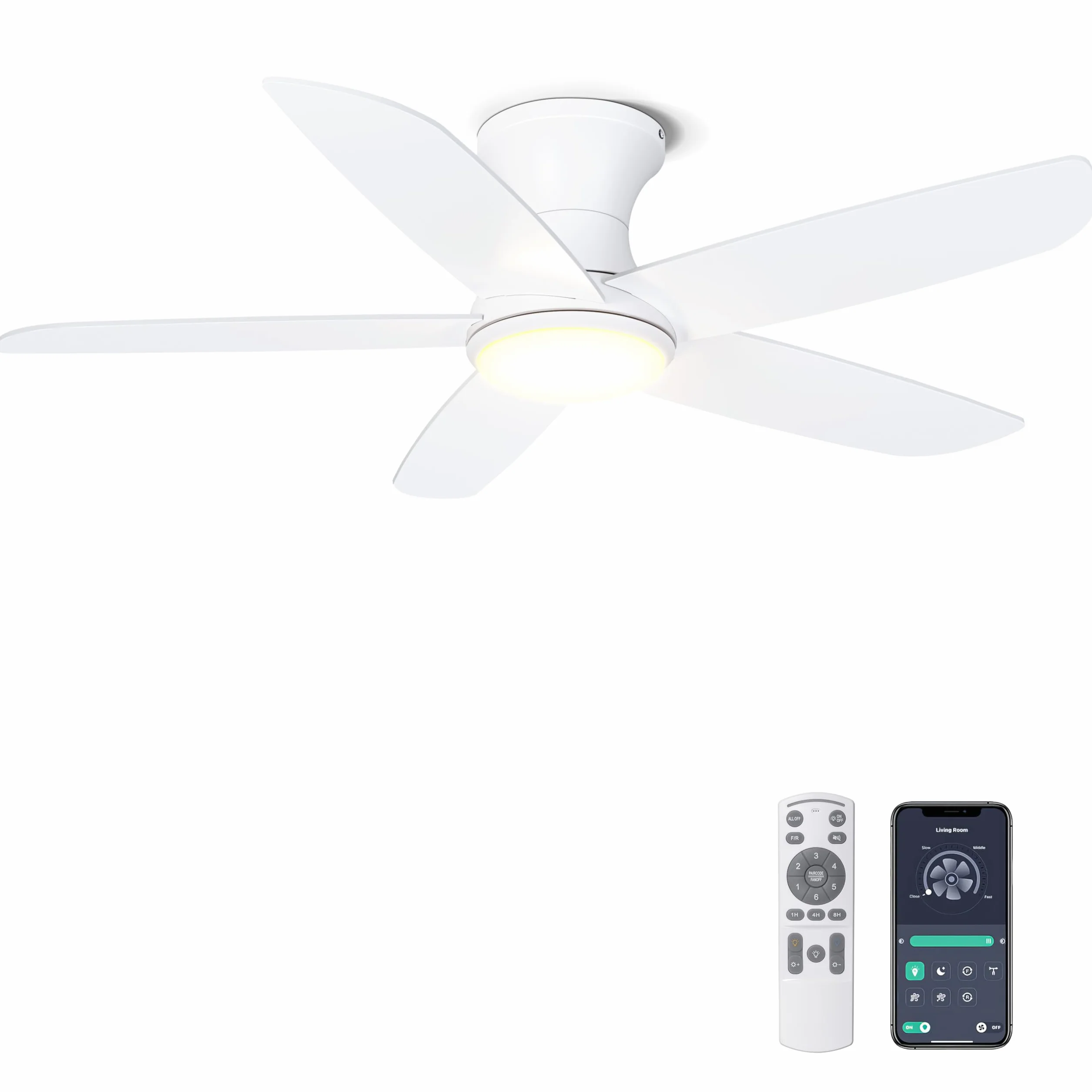 Ohniyou 46" Ceiling Fan with Lights, Low Profile, Remote/APP Control, Dimmable, Silent DC Motor, Indoor, White
