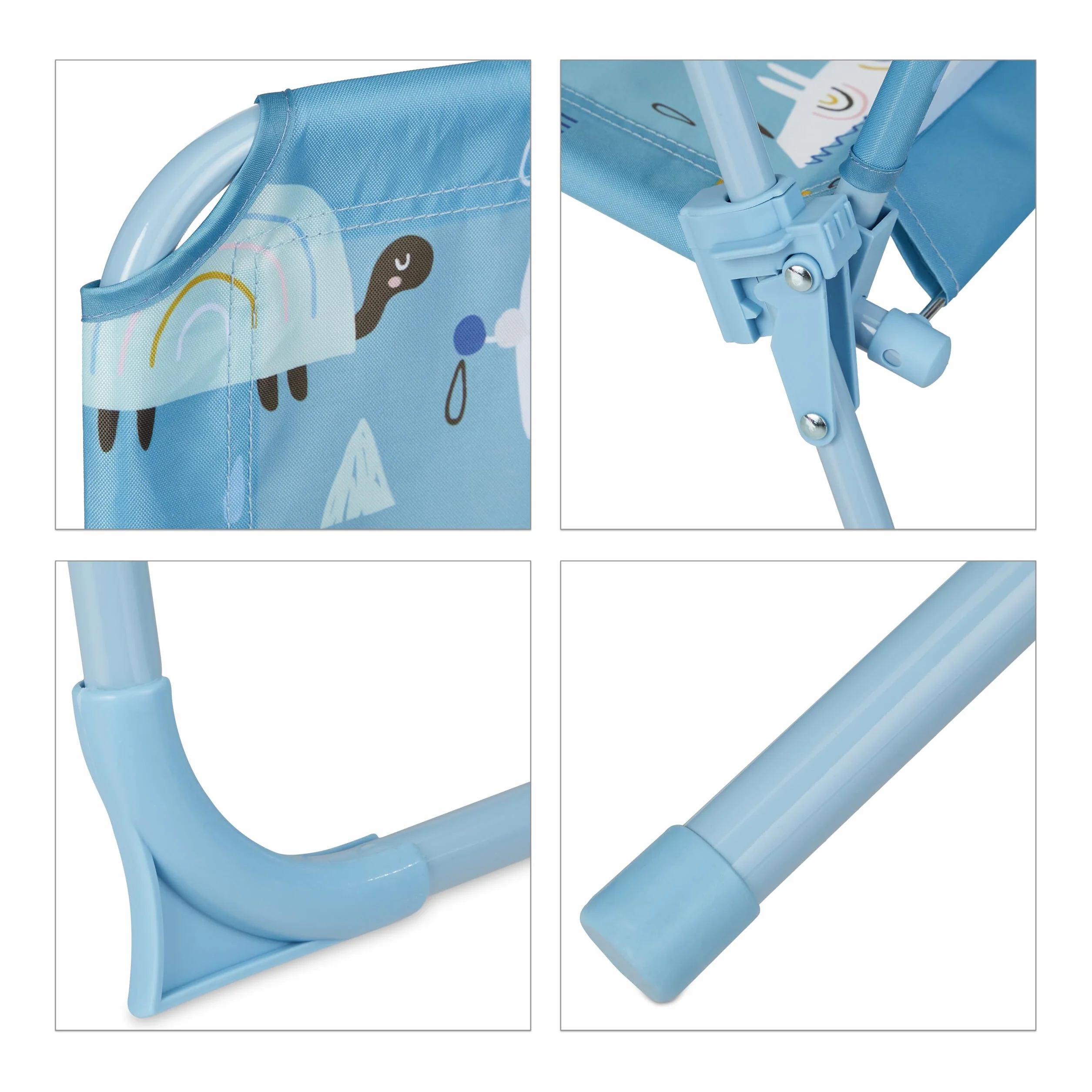 Relaxdays Kempingowy zestaw fotelików dziecięcych, zestaw fotelików dziecięcych z parasolem, składane krzesła i stół, motyw zwierząt, ogród, niebieski, 50% żelazo, 126 x 100 x 100 cm